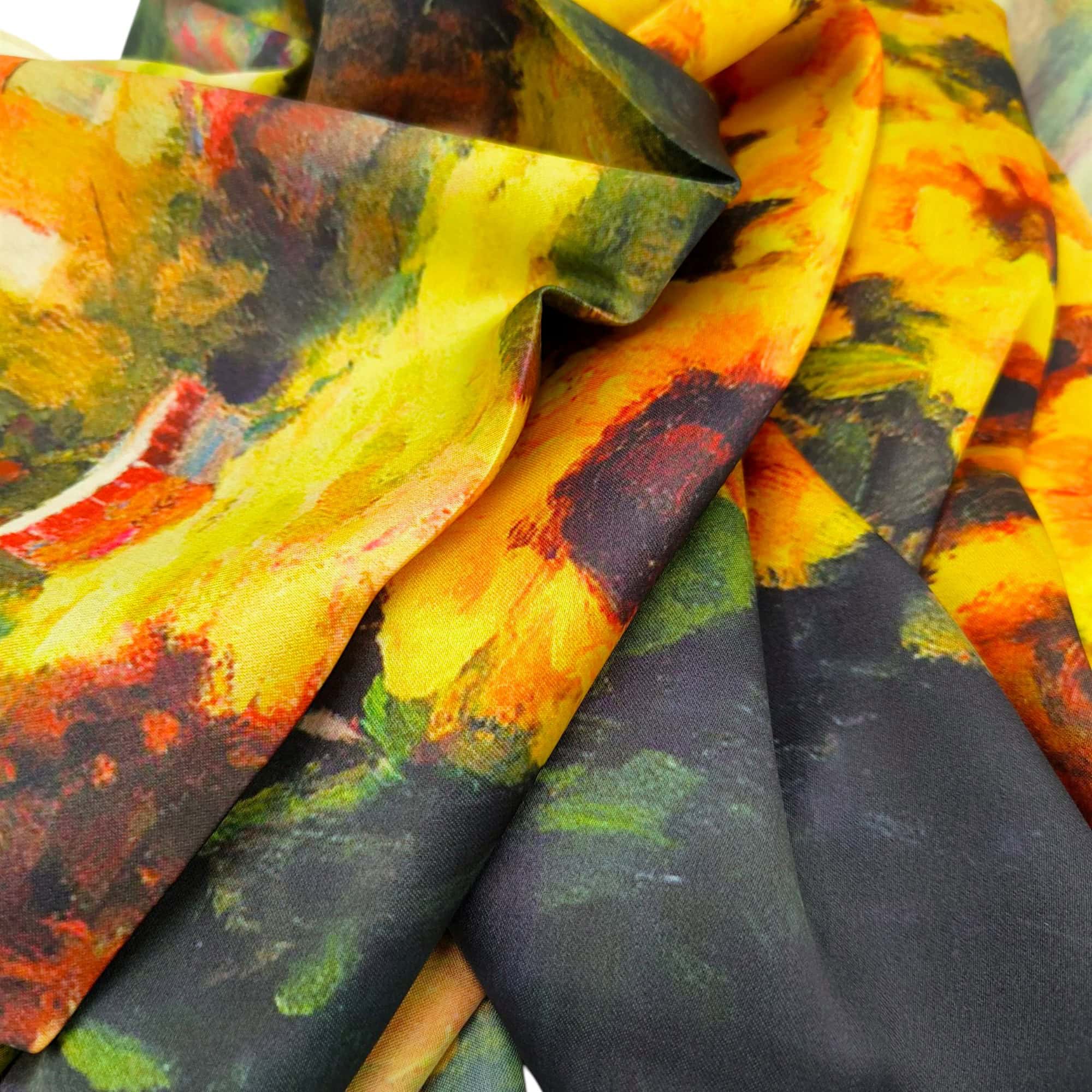 Eșarfă damă din mătase naturală cu imprimeu floral de floarea soarelui, ideală pentru un look elegan.