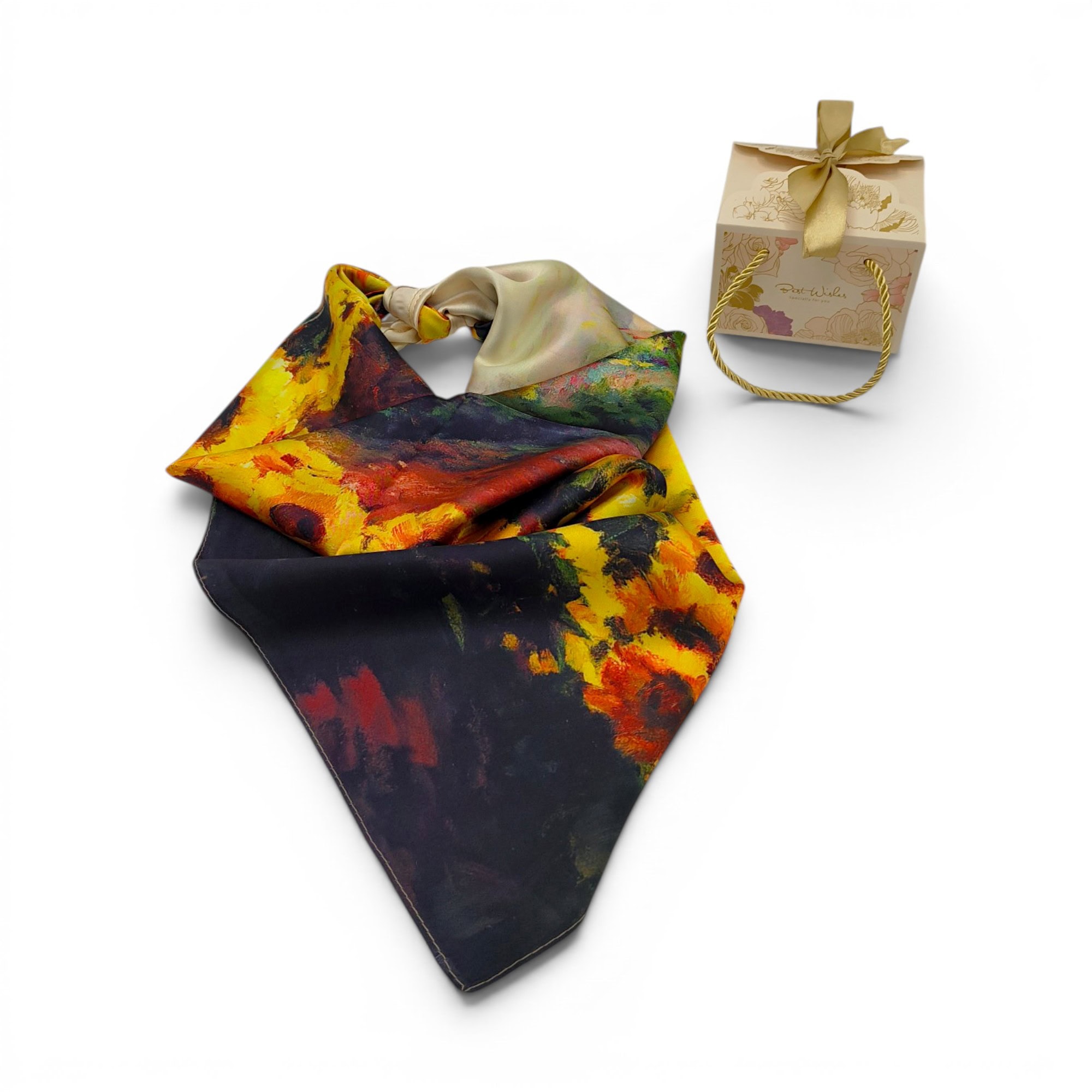 Eșarfă damă din mătase naturală cu imprimeu floral Sunflower, 70x70 cm, perfectă pentru un look eleg.