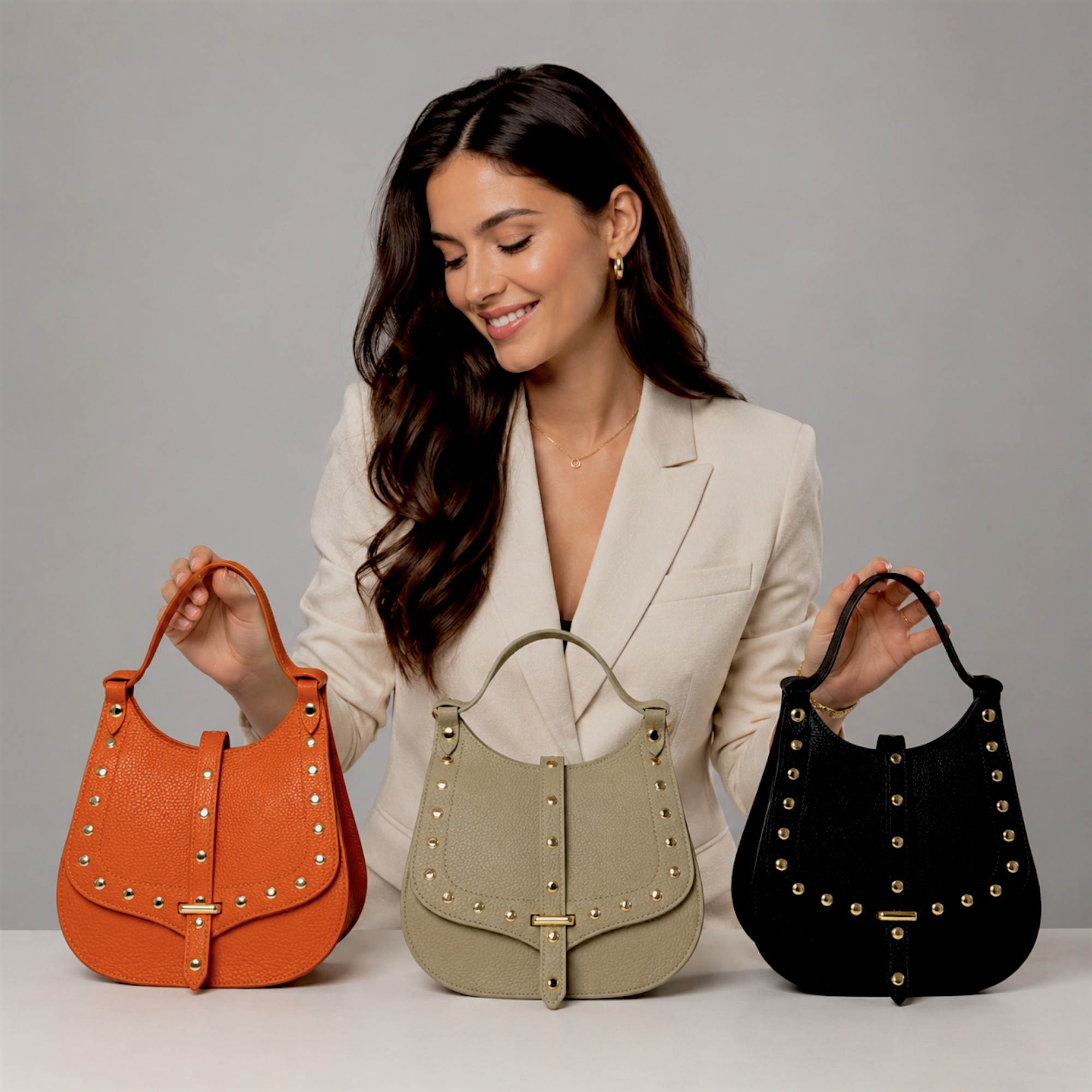 Geantă damă Belle Monique Nerine GZ96-Bej Taupe – piele naturală greige cu detalii aurii | Design italian elegant