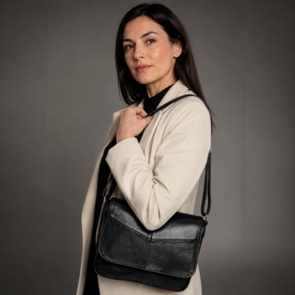 Geantă damă crossbody din piele naturală, elegantă, neagră, model Lucia R45-N4.