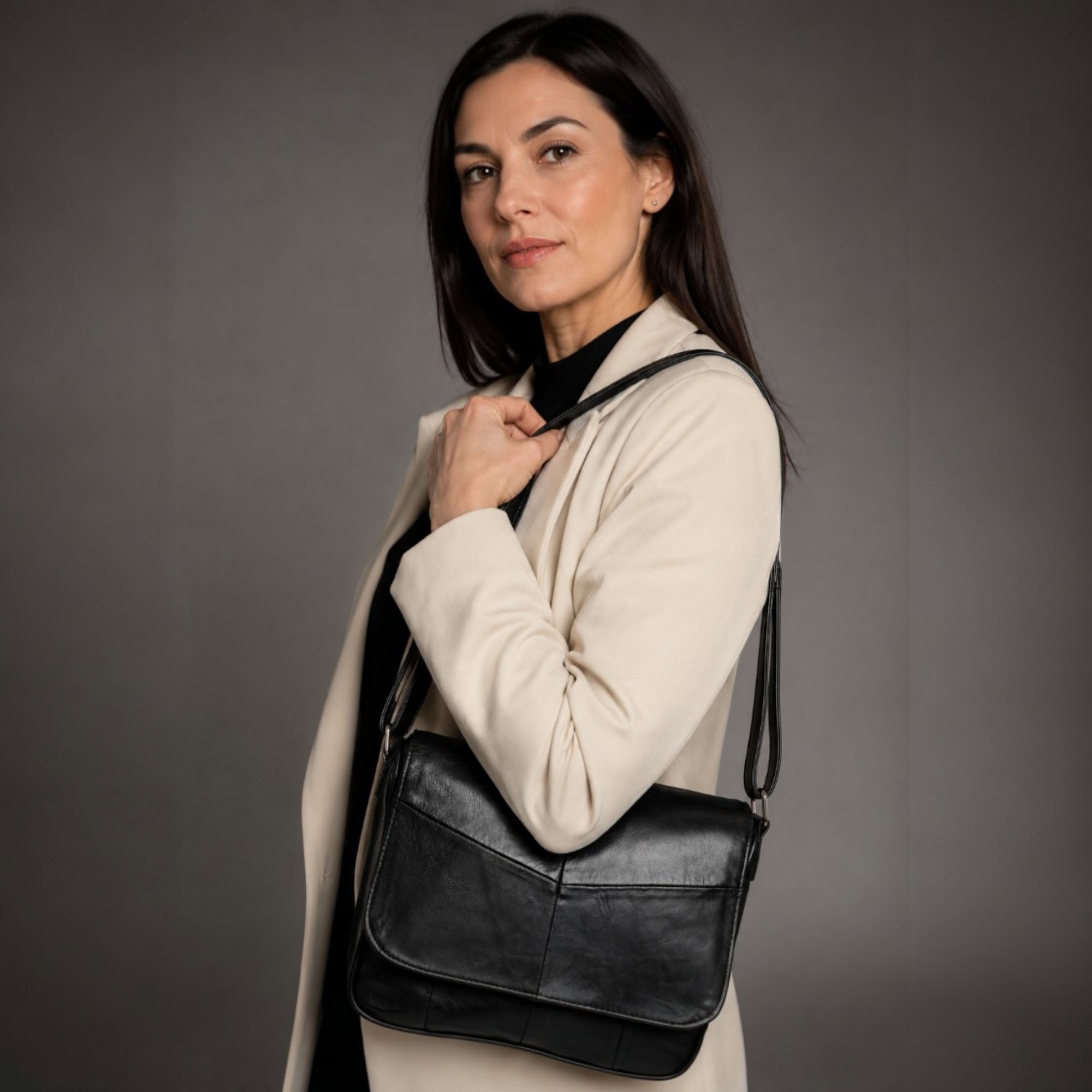 Geantă damă crossbody din piele naturală, elegantă, neagră, model Lucia R45-N4.