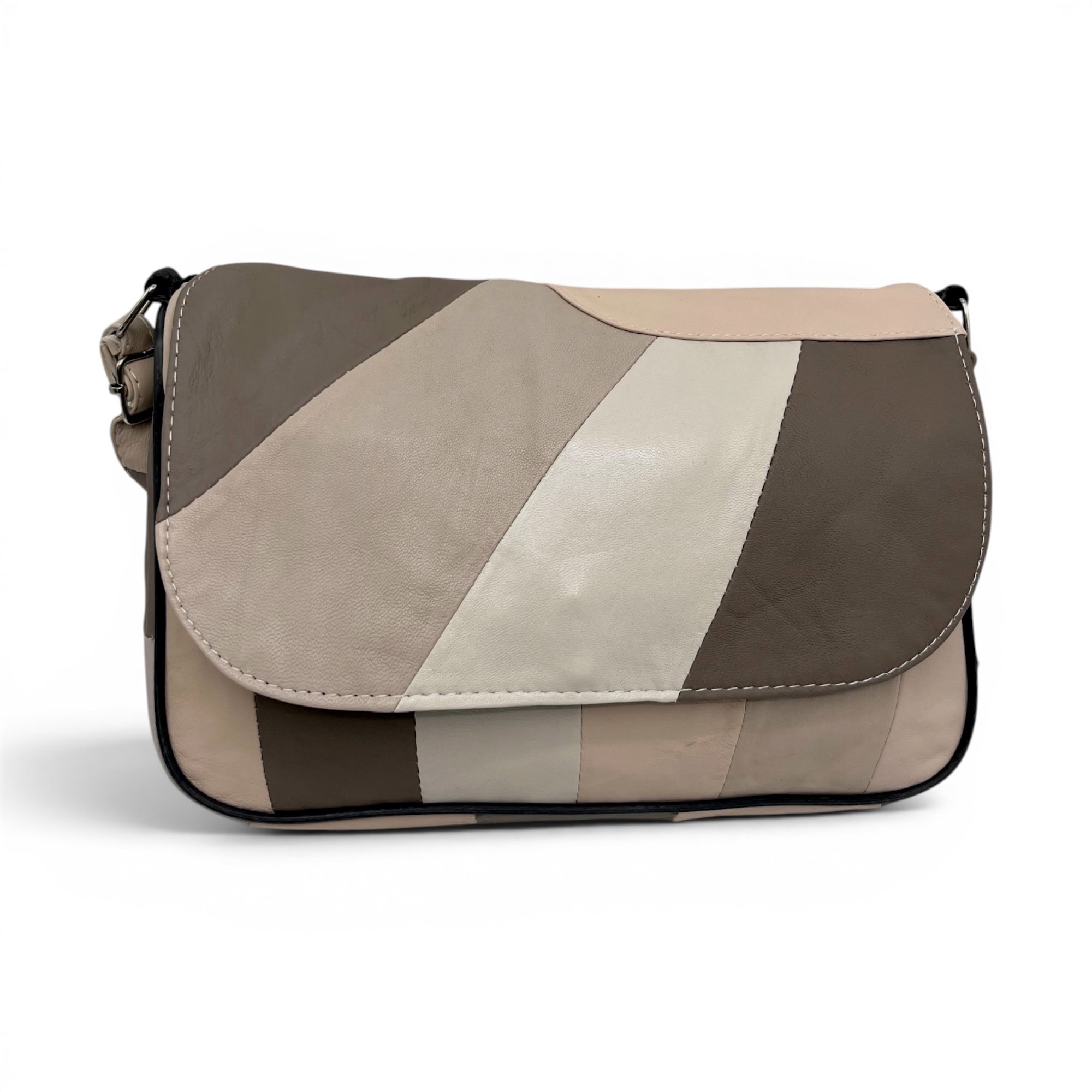 Geantă de umăr din piele patchwork în nuanțe neutre, stil modern și elegant.