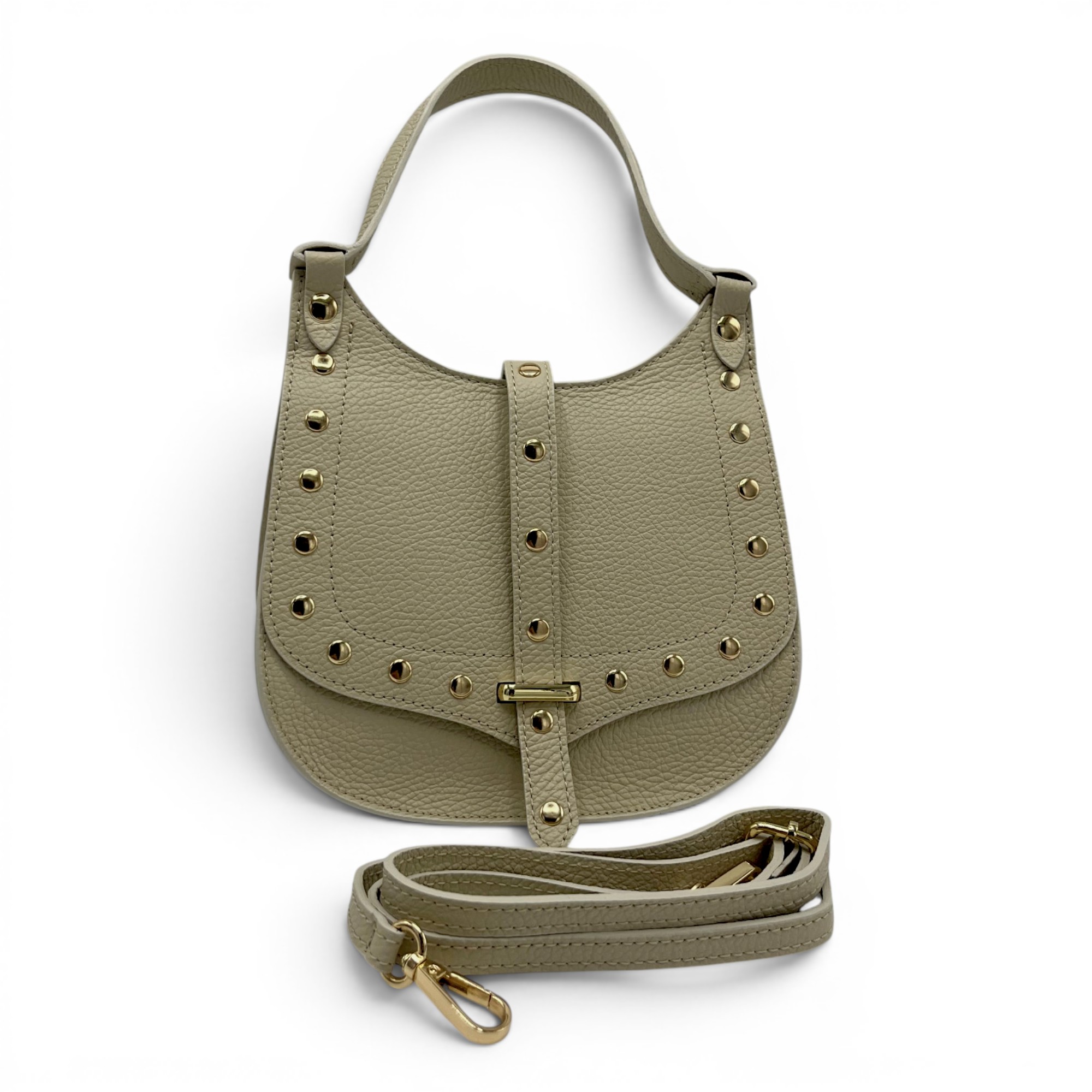 Geantă damă Belle Monique Nerine GZ96-Bej Taupe – piele naturală greige cu detalii aurii | Design italian elegant