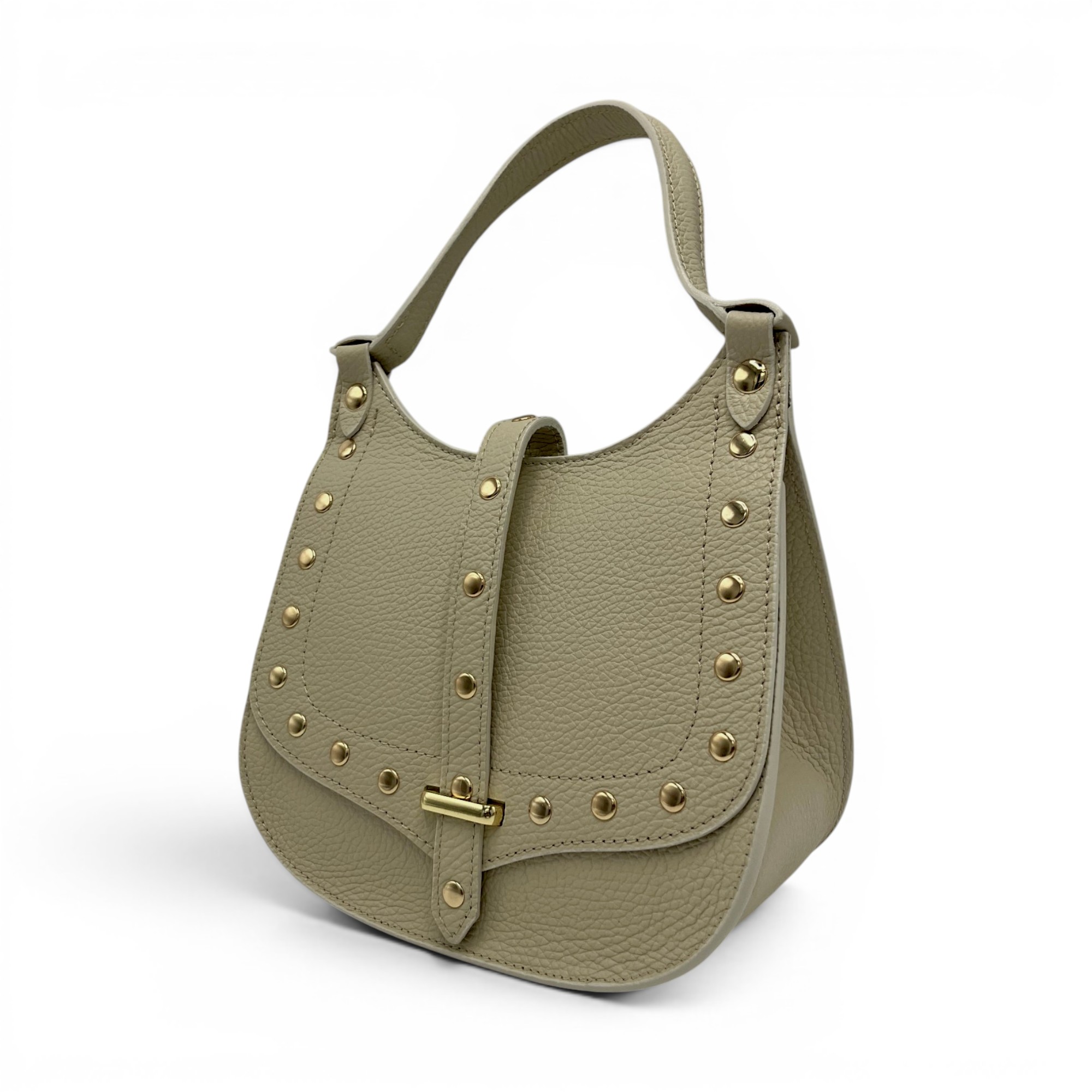 Geantă damă Belle Monique Nerine GZ96-Bej Taupe – piele naturală greige cu detalii aurii | Design italian elegant