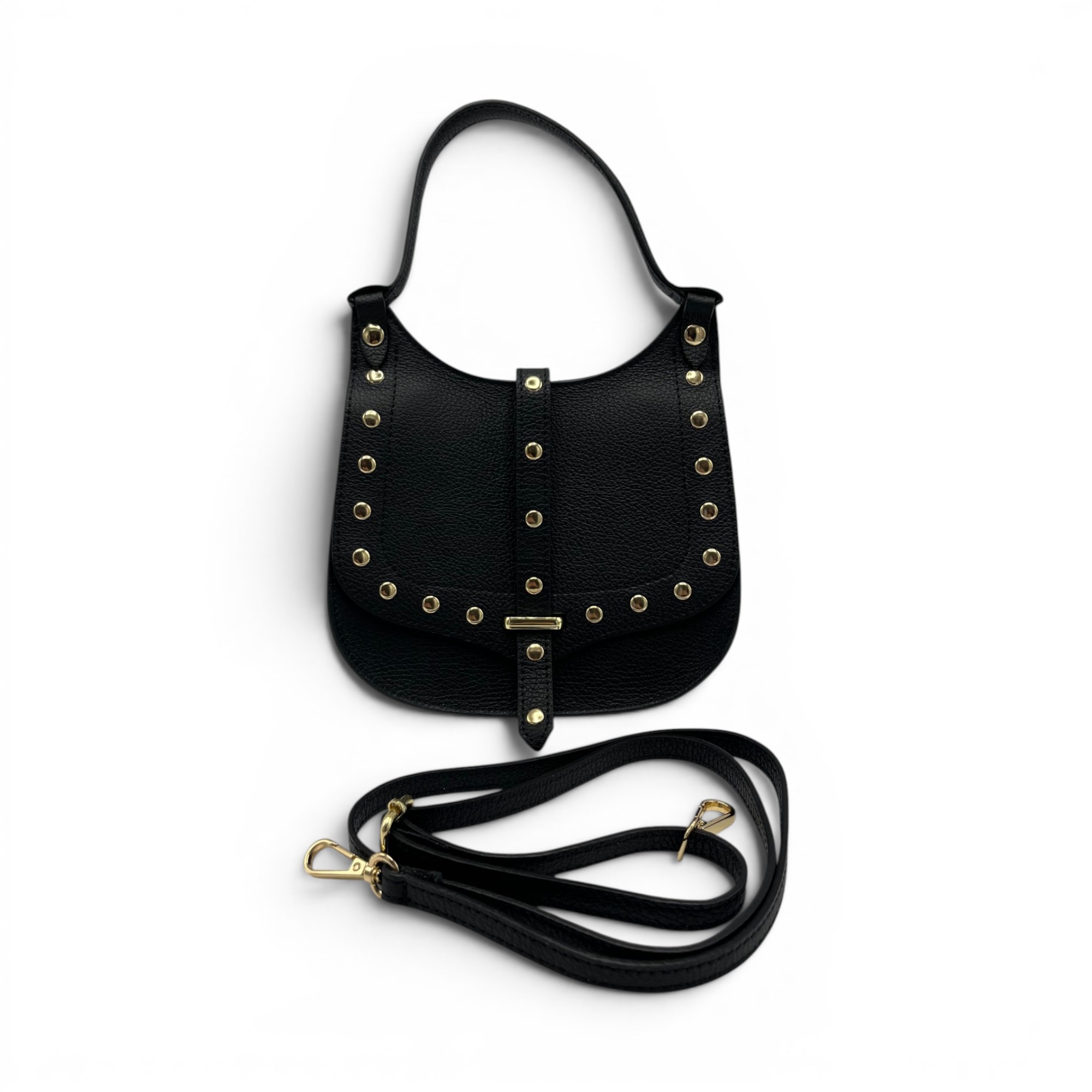 Geantă damă Belle Monique Nerine GZ96-N – piele naturală neagră cu accente aurii | Design italian elegant