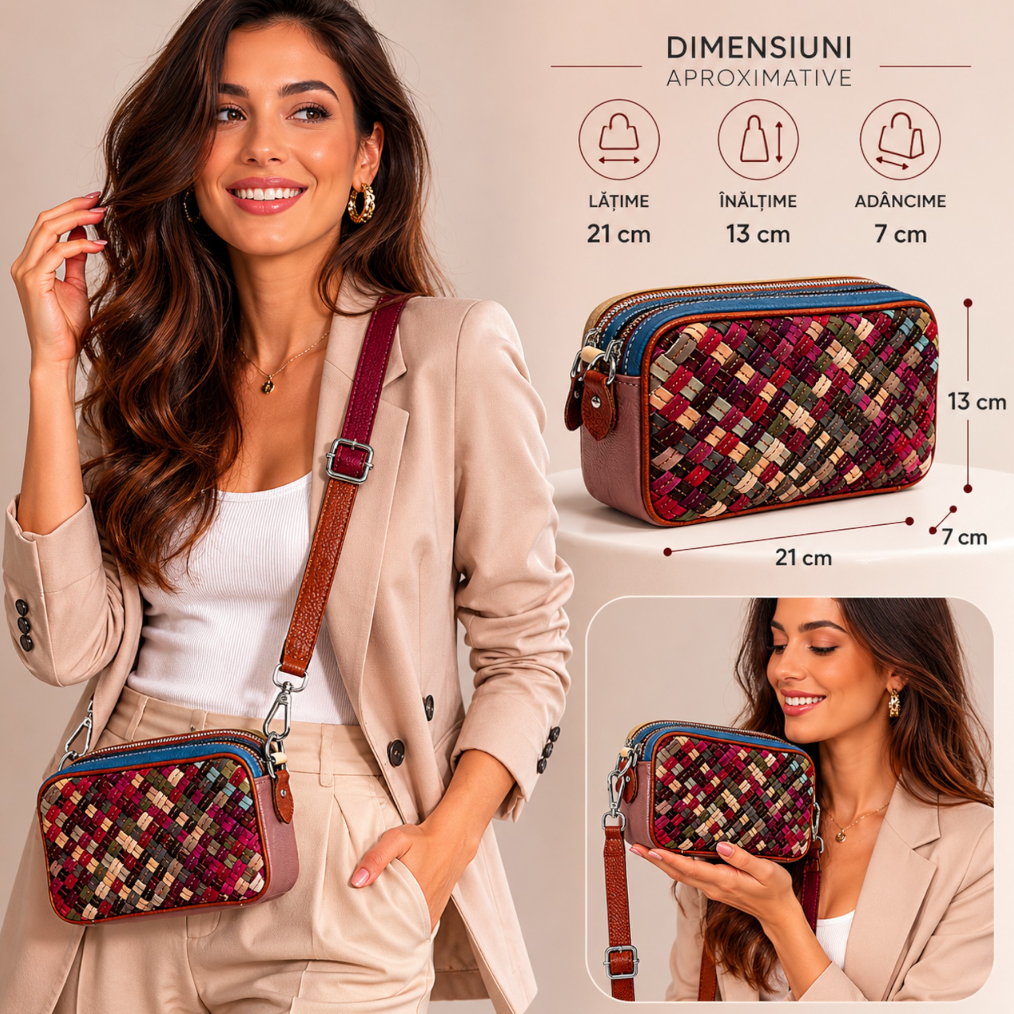 Geantă damă Jasmine Mini JL100 Multicolor – piele naturală împletită (12) Geantă damă Jasmine Mini JL100 Multicolor – piele naturală împletită | Design artistic vibrant