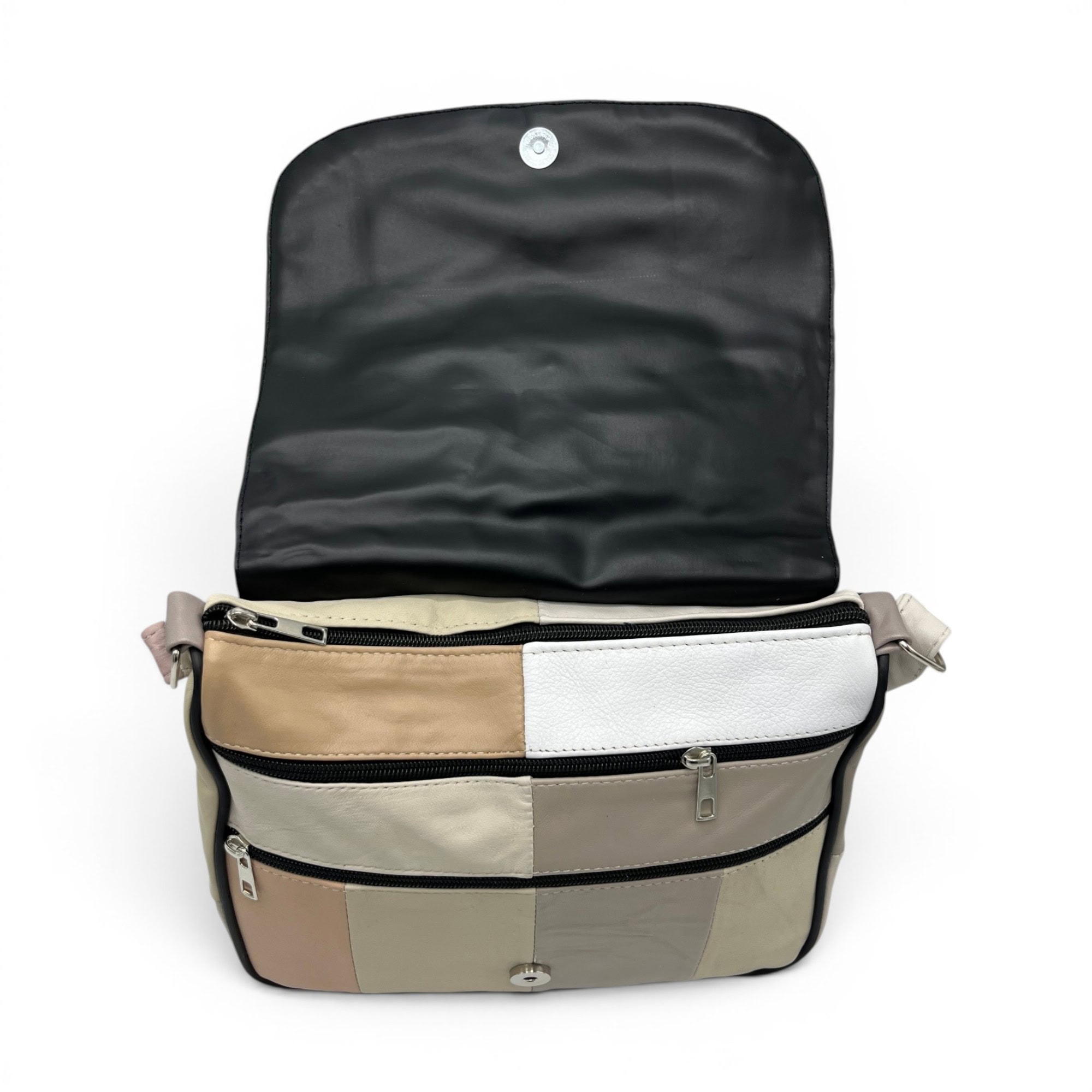 Geantă crossbody din piele naturală, design patchwork elegant și compartimentare practică.
