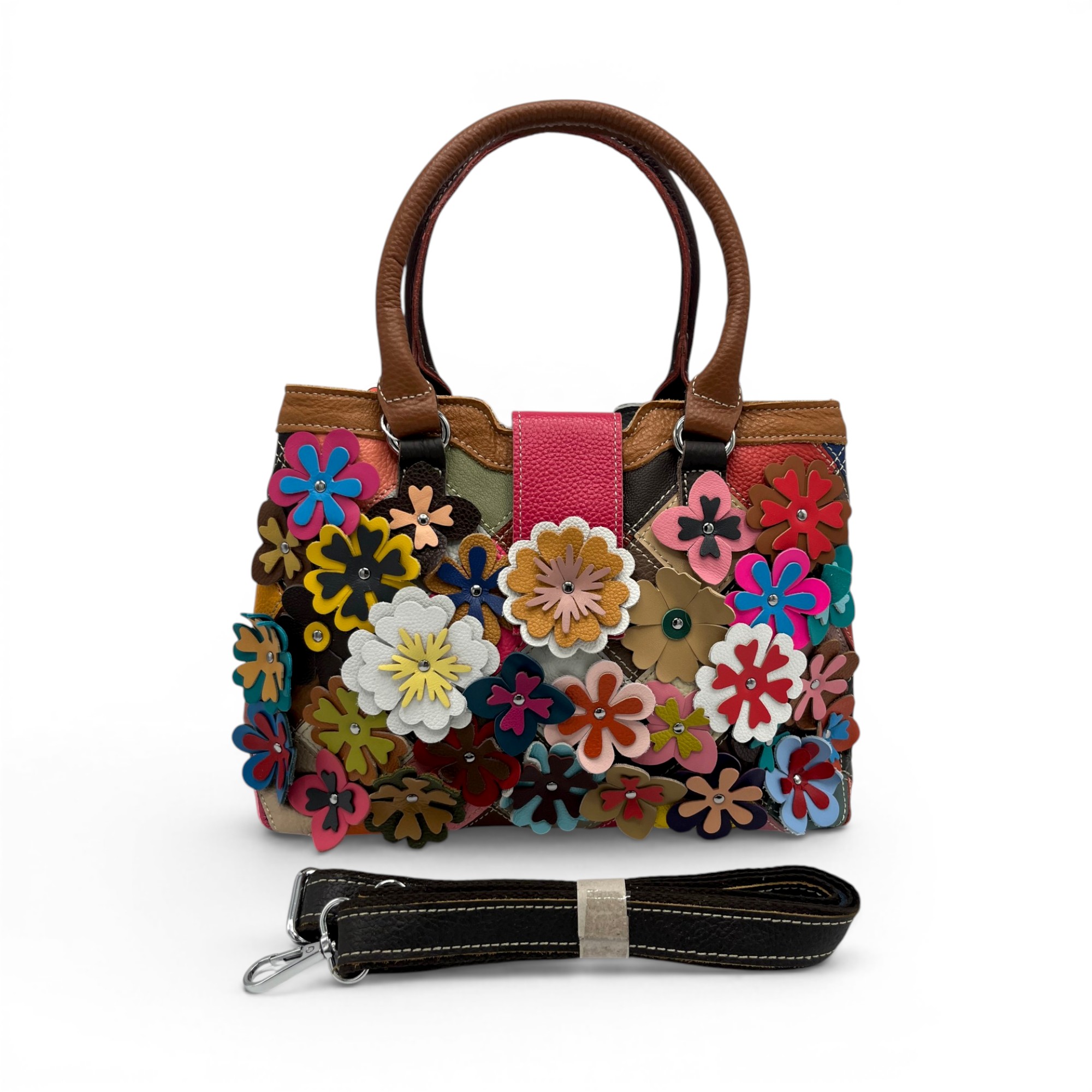 Geantă damă din piele naturală Jasmine 9990 – design floral artistic, multicolor