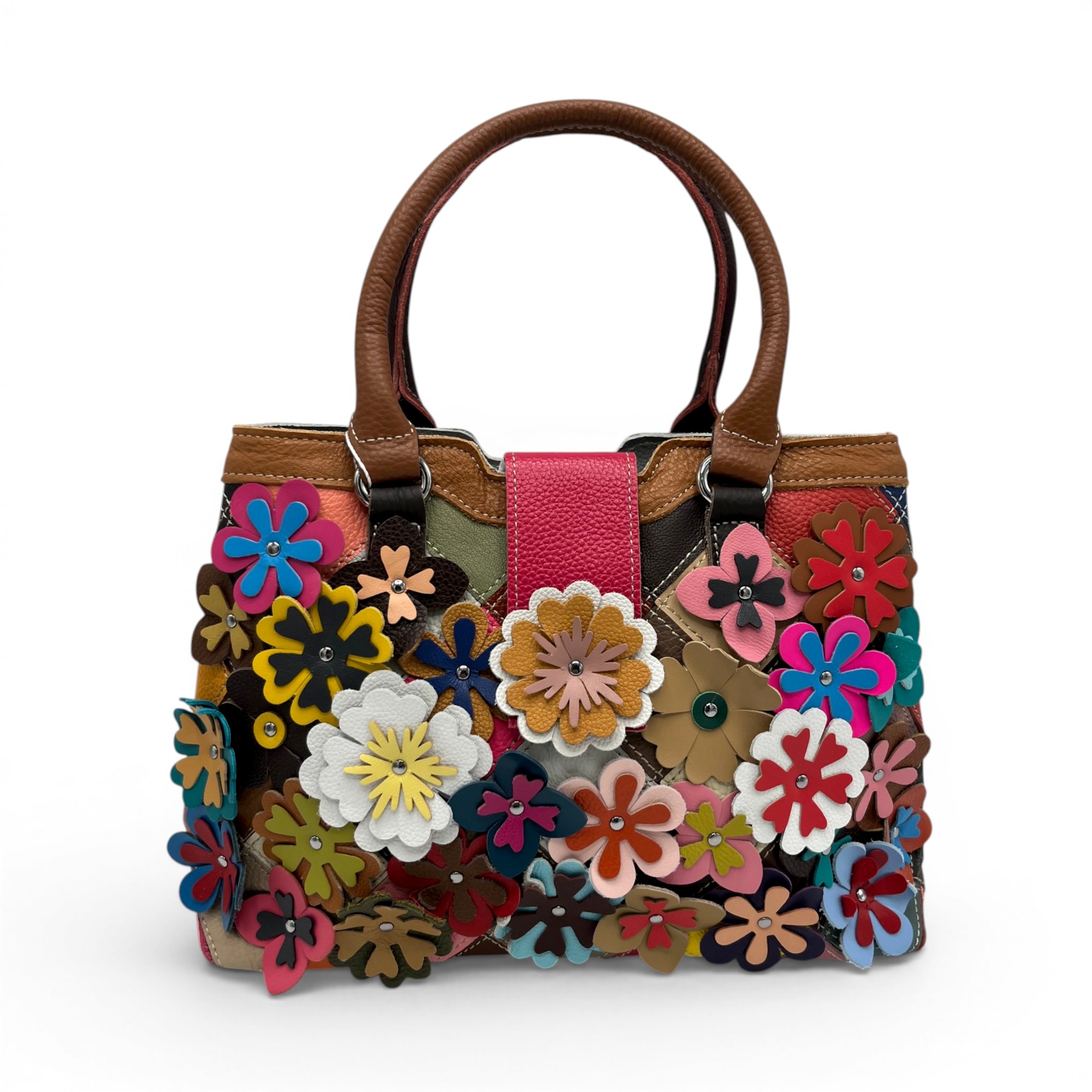 Geantă damă din piele naturală Jasmine 9990 – design floral artistic, multicolor