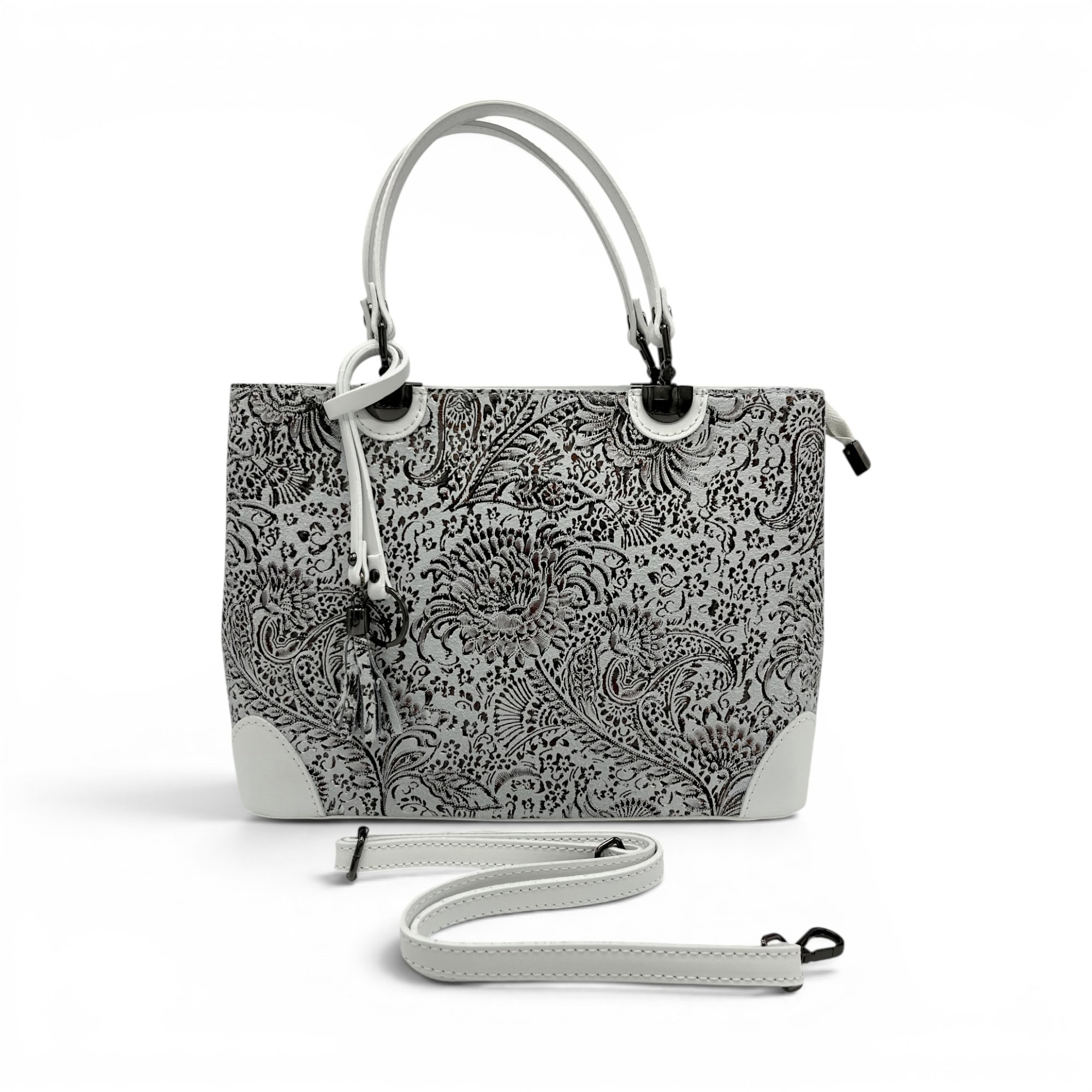 Geantă de damă cu model floral și mânere albe, perfectă pentru stil casual și elegant.
