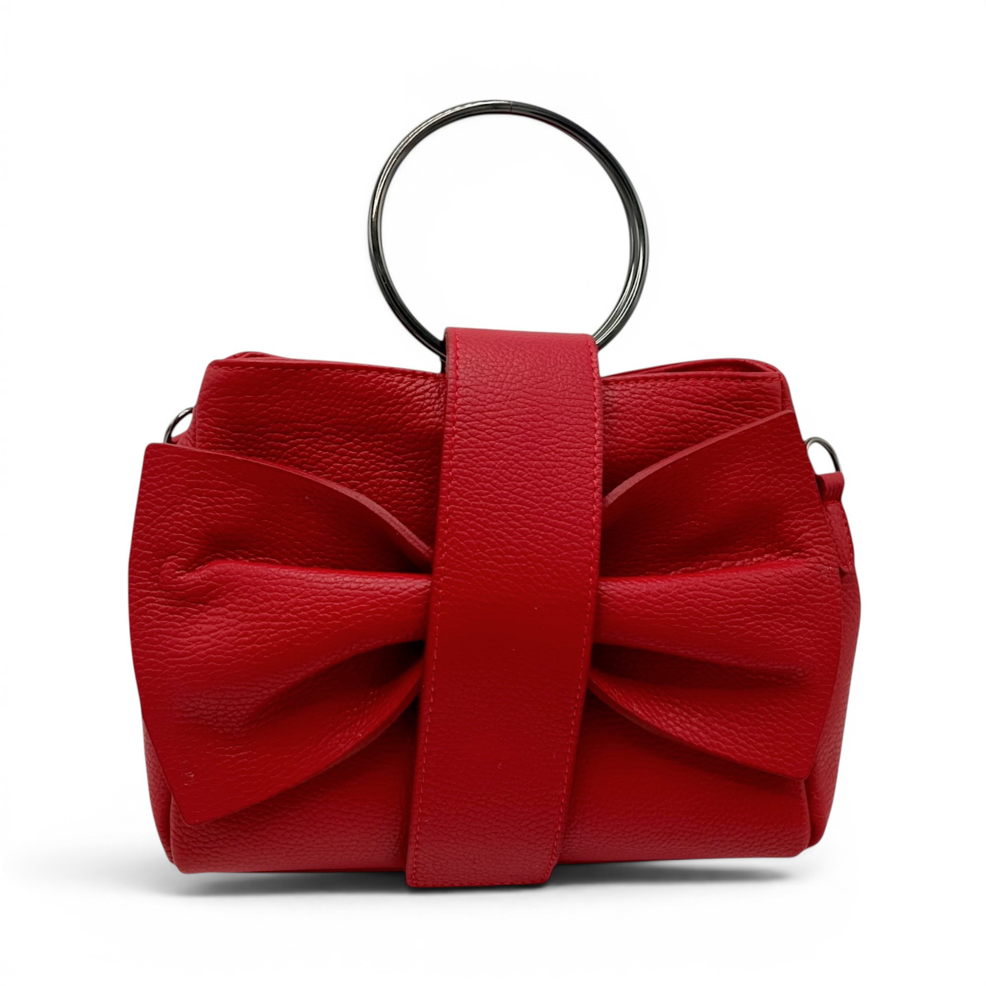 Geantă de mână roșie cu fundă, accesoriu de modă pentru femei.
