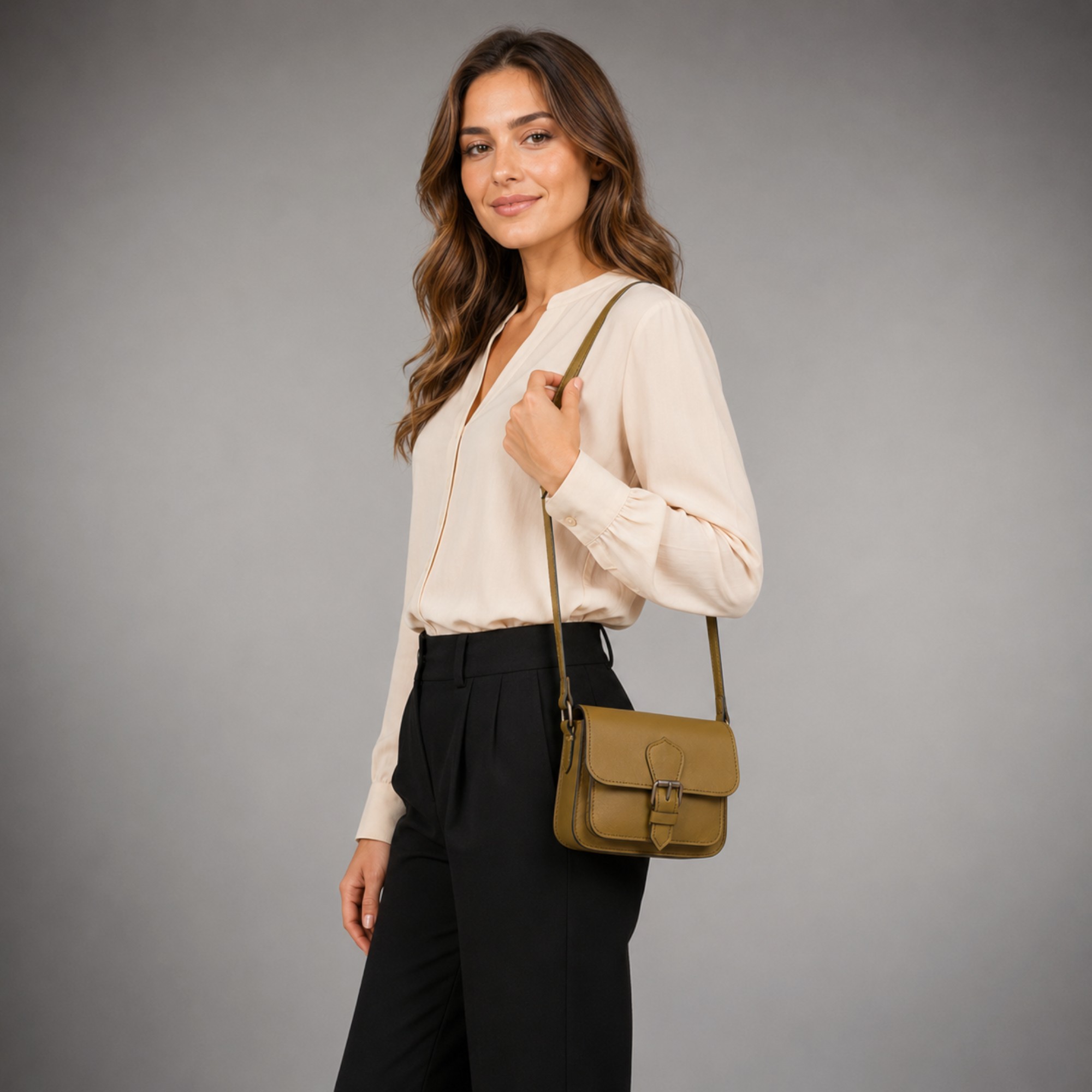 Geantă damă premium HM100 Olive Camel – piele naturală, fabricată în România