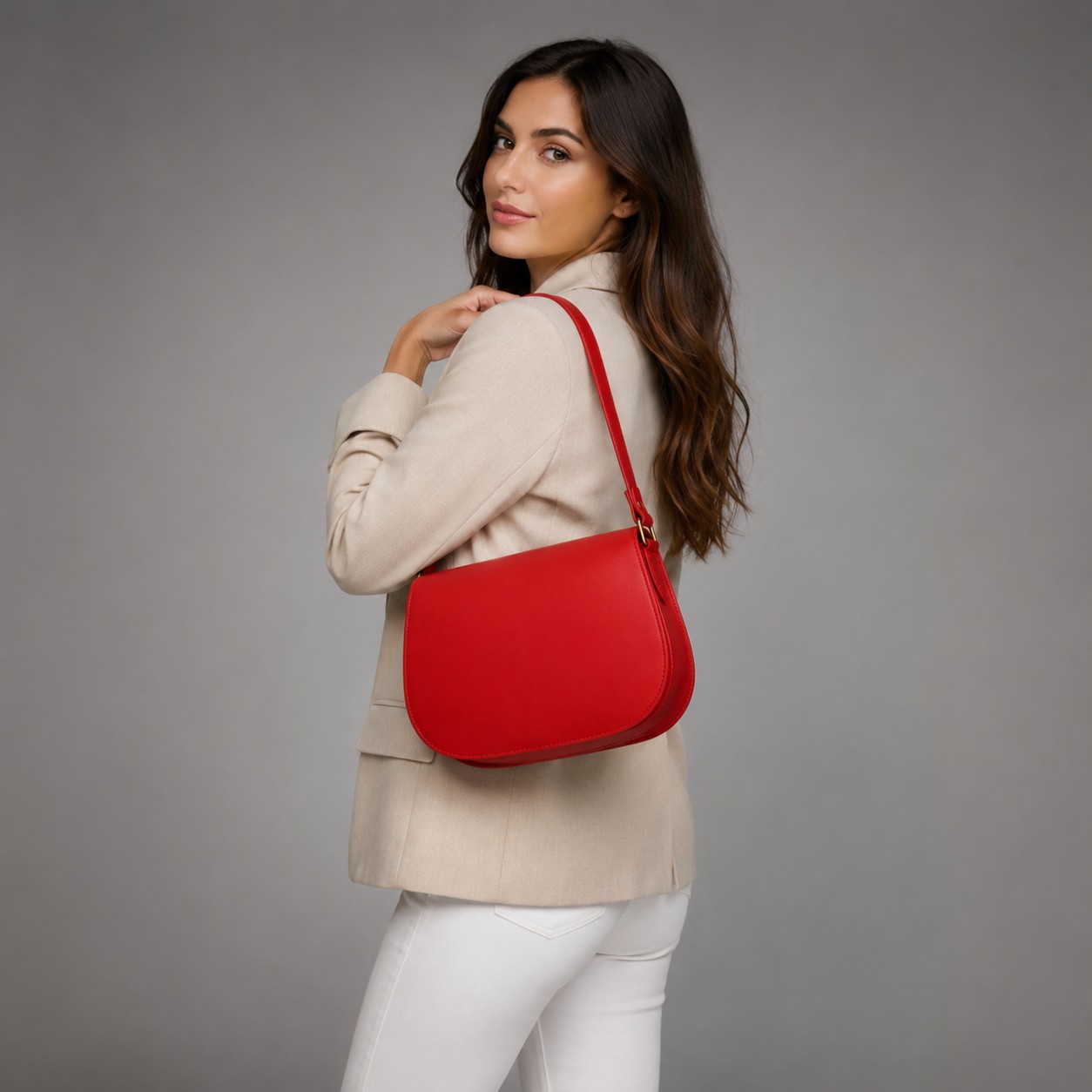 Geantă damă premium HM130B Roșu Mac – piele naturală, fabricată în România