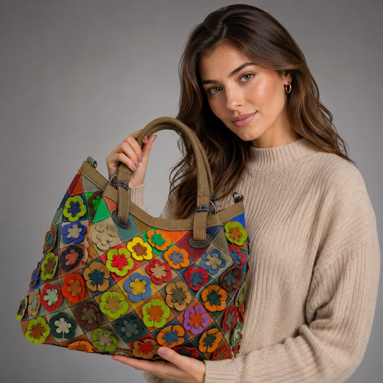 Geantă damă Jasmine 6608 din piele naturală multicoloră, decor floral 3D – 35 × 26 × 16,5 cm