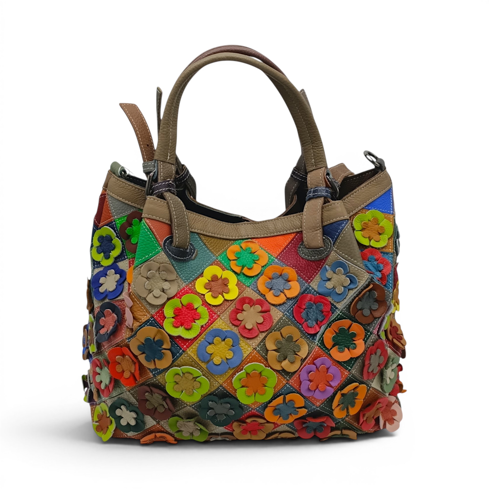 Geantă damă Jasmine 6608 din piele naturală multicoloră, decor floral 3D – 35 × 26 × 16,5 cm