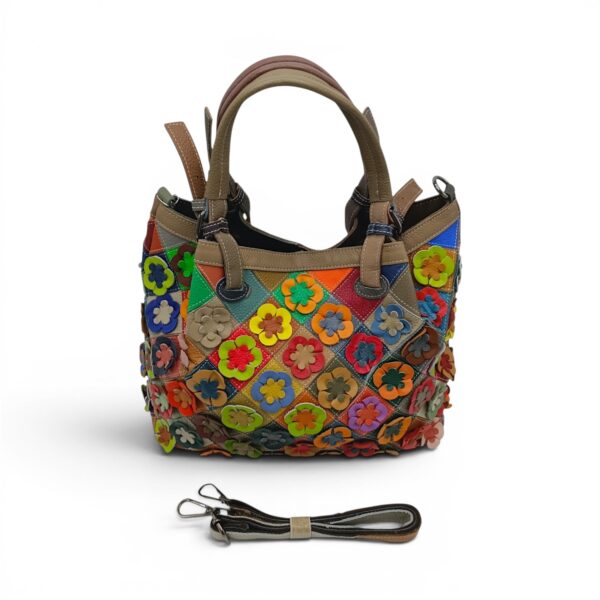 Geantă damă Jasmine 6608 din piele naturală multicoloră, decor floral 3D – 35 × 26 × 16,5 cm