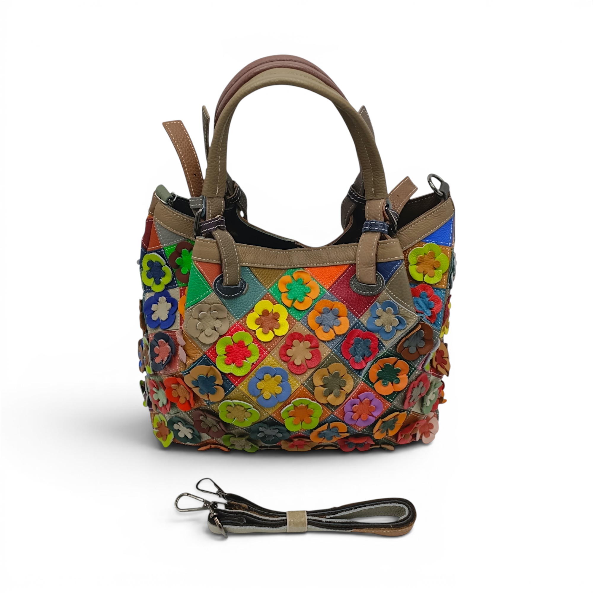 Geantă damă Jasmine 6608 din piele naturală multicoloră, decor floral 3D – 35 × 26 × 16,5 cm
