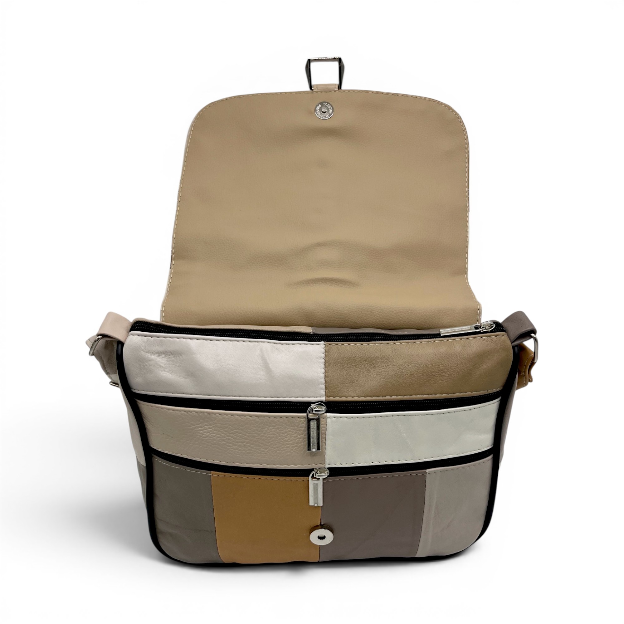 Geantă damă unicat Lucia R45-509 – piele naturală multicoloră (1) Geantă damă unicat Lucia R45-509 – piele naturală multicoloră | Eleganță modernă în tonuri neutre
