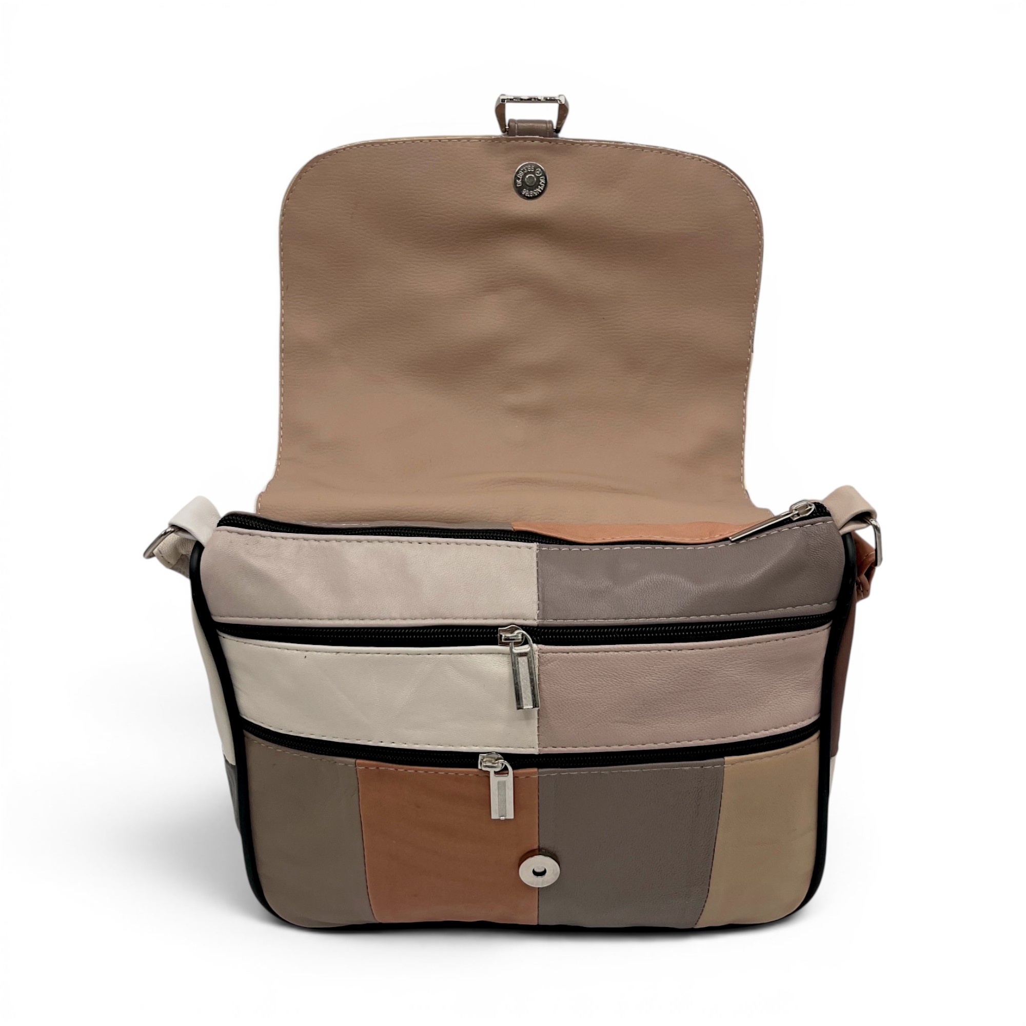 Geantă damă unicat Lucia R45-511 – piele naturală multicoloră | Eleganță modernă în tonuri nude și caramel