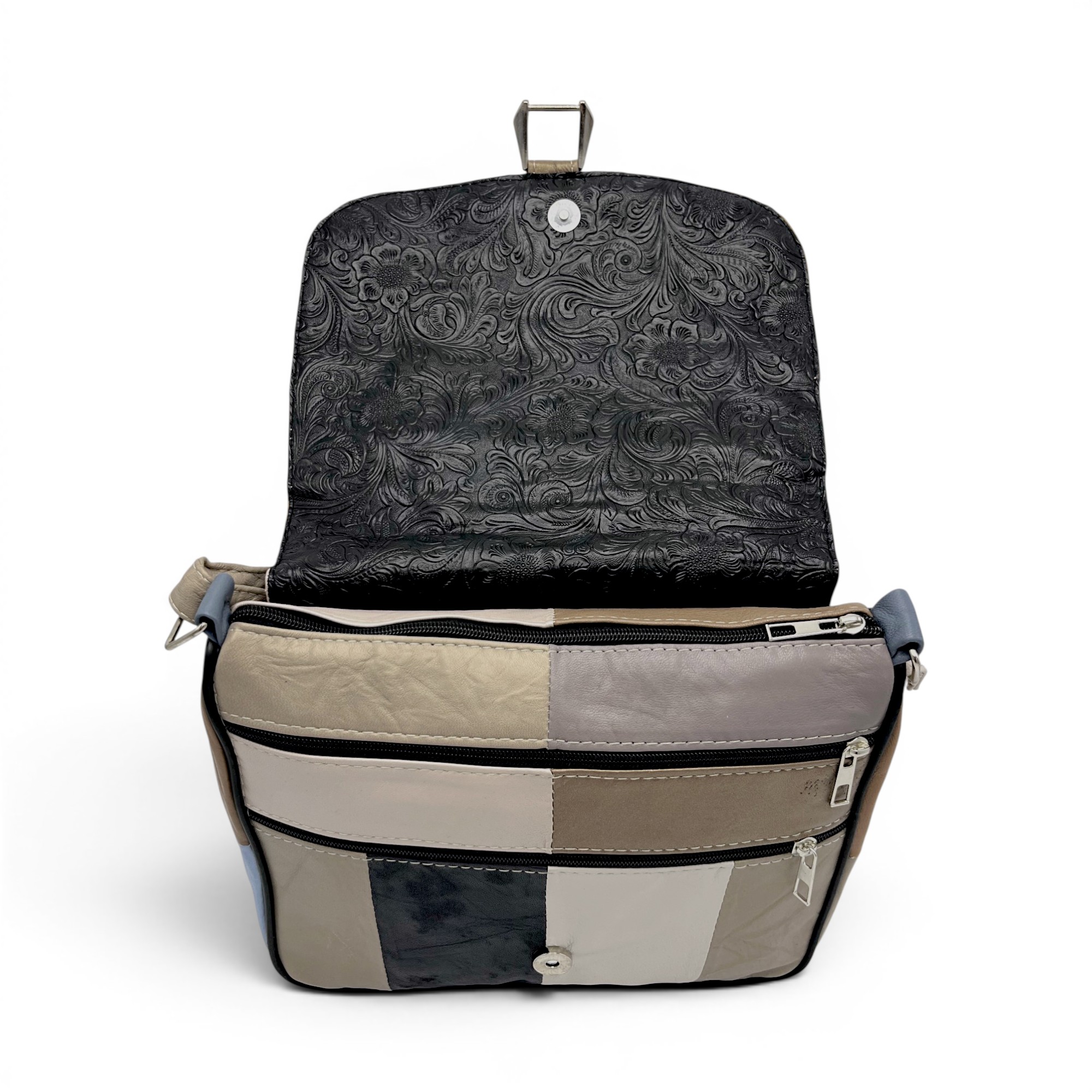 Geantă damă unicat Lucia R45-512 – piele naturală multicoloră | Eleganță modernă în tonuri neutre și accente blue grey
