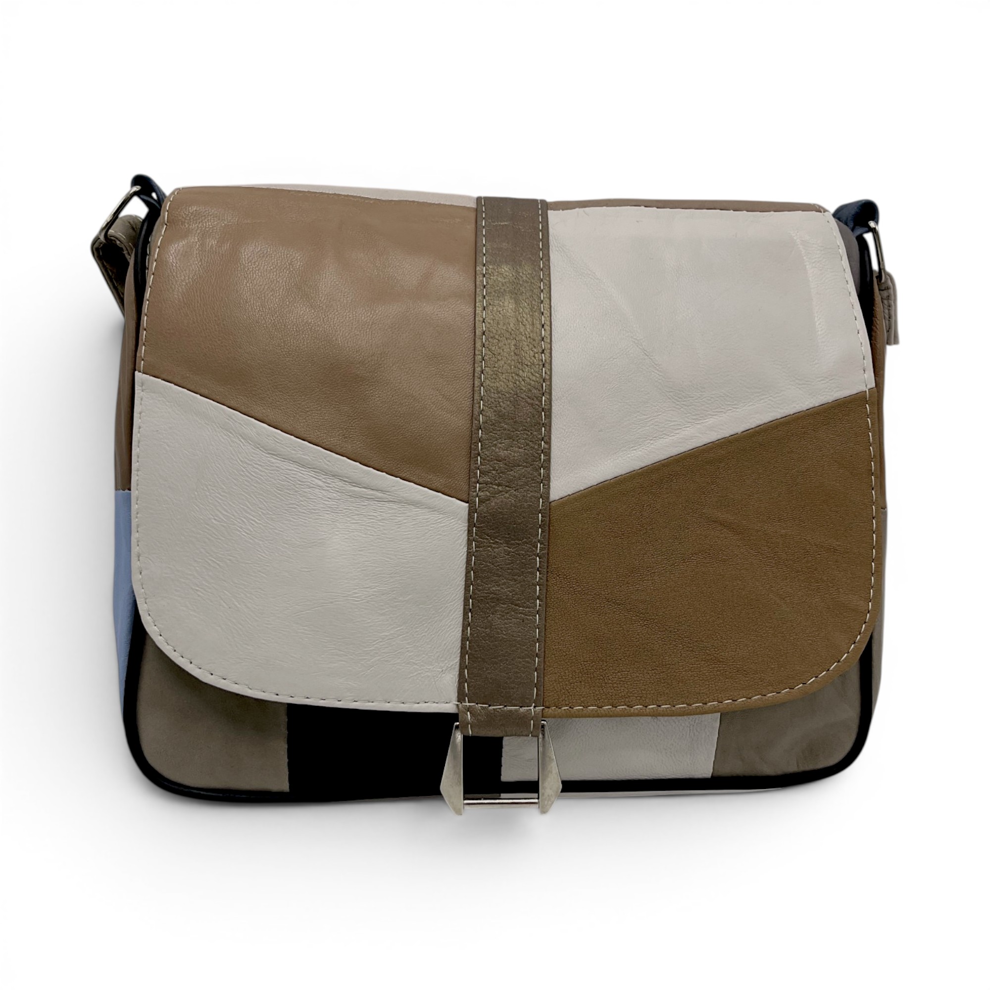 Geantă damă unicat Lucia R45-512 – piele naturală multicoloră | Eleganță modernă în tonuri neutre și accente blue grey