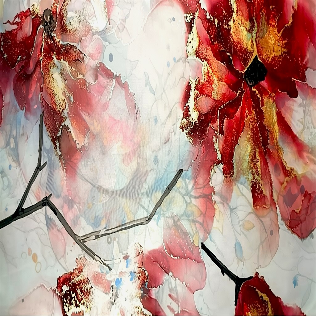 Batic damă din mătase 100% reversibil – Crimson Bloom X11-11 – 70 × 70 cm, Cutie Cadou