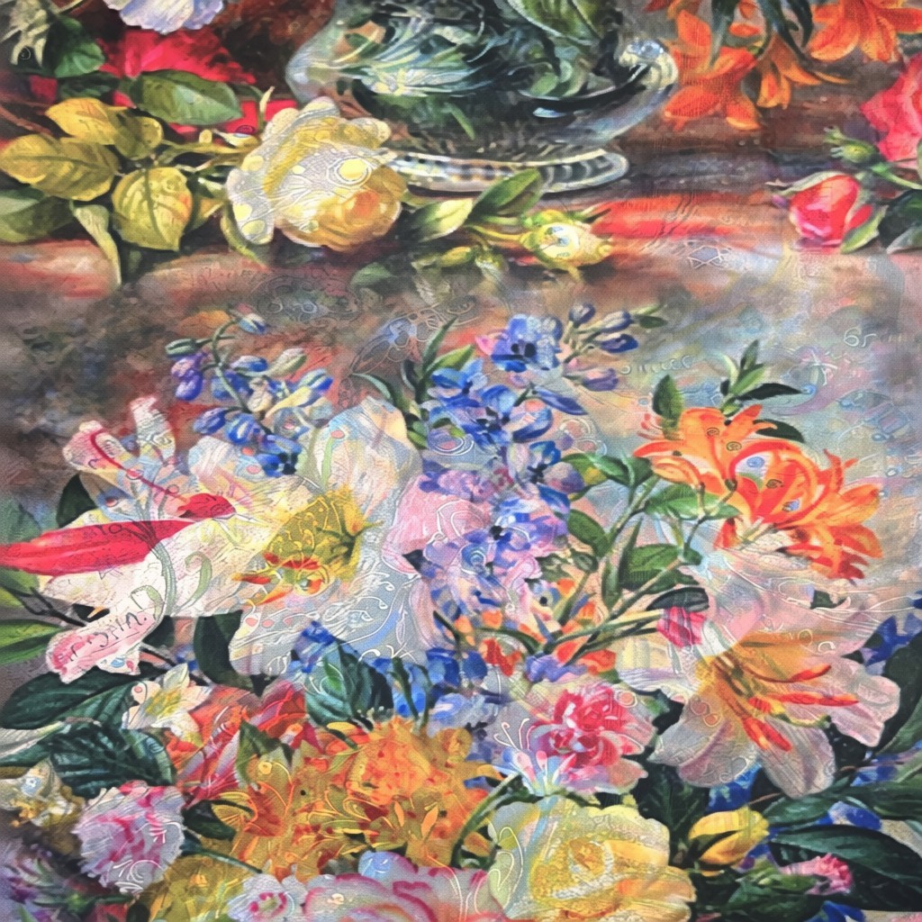 Batic damă din mătase 100% reversibil – Enchanted Garden X11-13 – 70 × 70 cm, Cutie Cadou