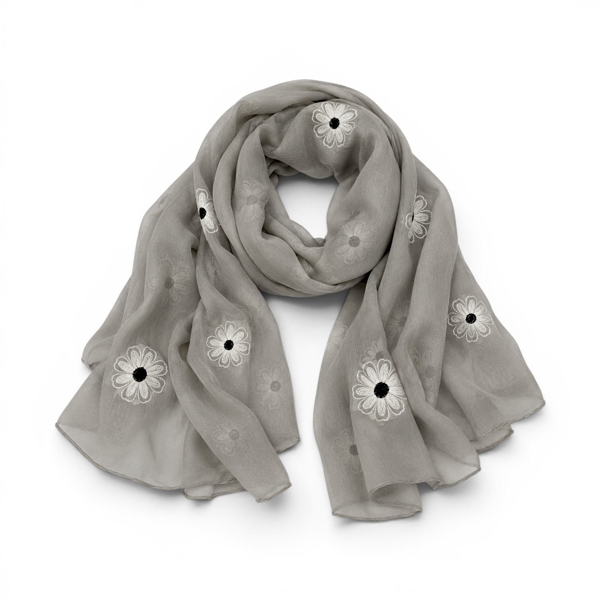 Eșarfă damă Soft Petals S161-2 – gri perlat, bumbac și vâscoză, 180 × 70 cm, Cutie Cadou
