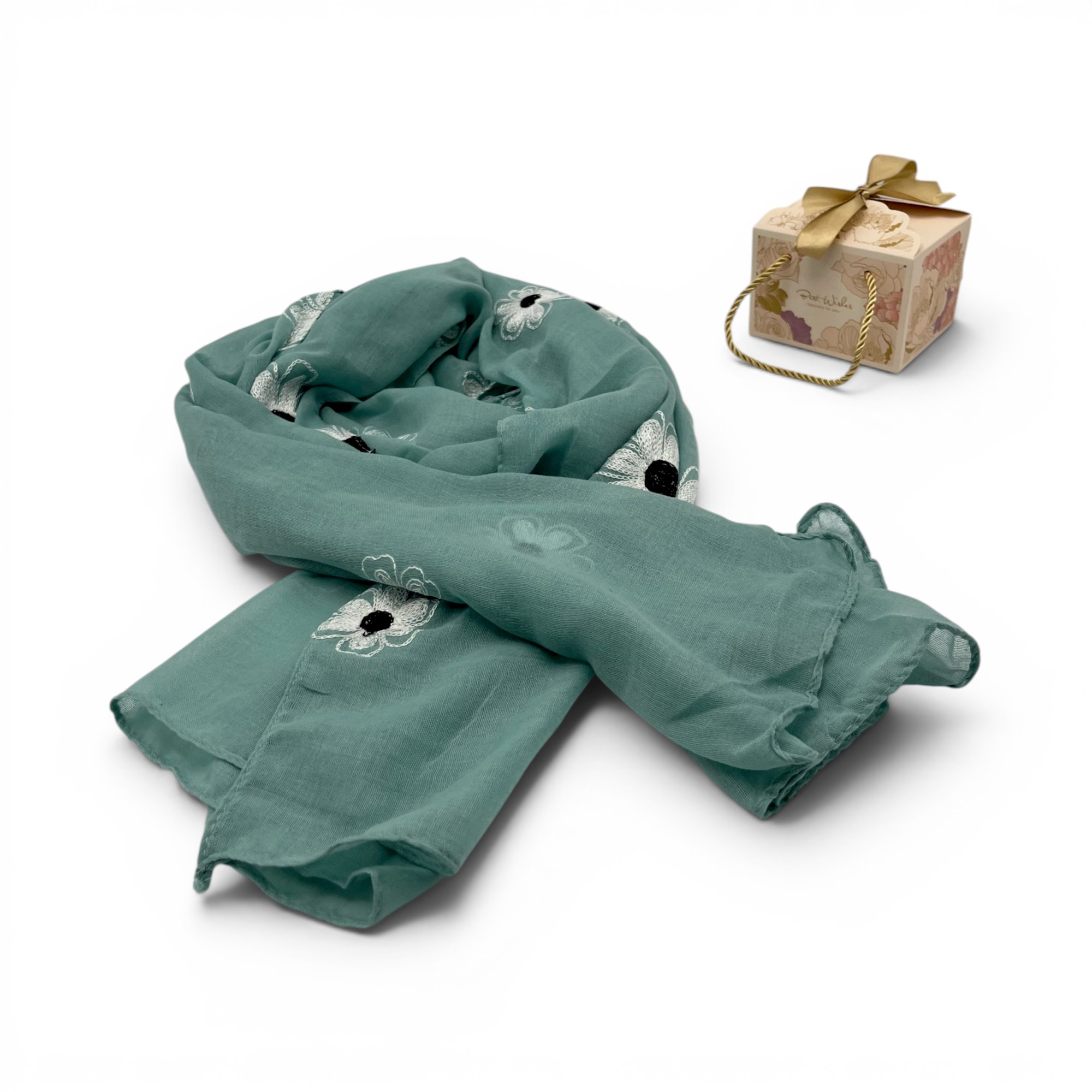 Eșarfă damă Soft Petals S161-4 – verde mentă, bumbac și vâscoză, 180 × 70 cm, Cutie Cadou
