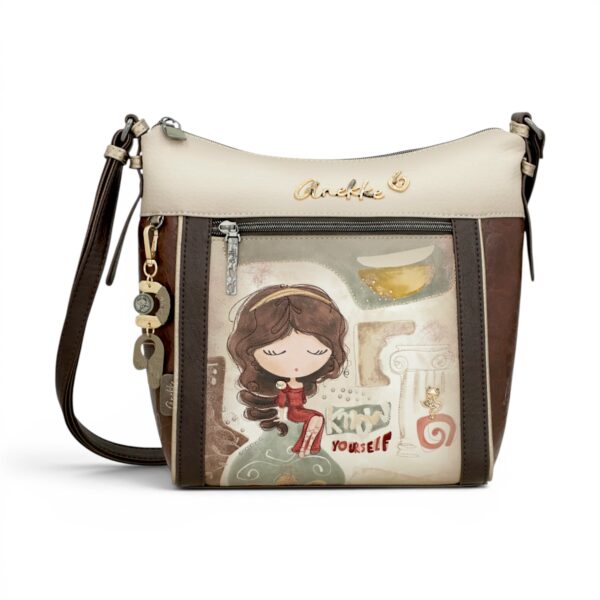 Geantă de umăr artistică cu ilustrație și accesorii elegante, perfectă pentru stil casual și casual-.