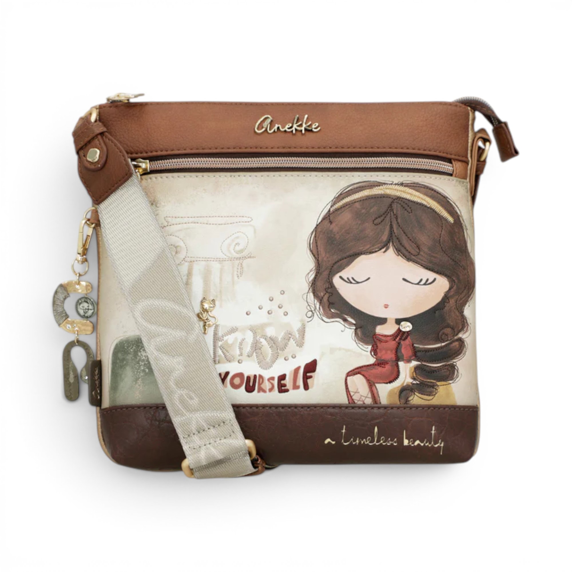 Geantă de umăr cu ilustrație artistică și detalii elegante, perfectă pentru stil casual și accesoriz.