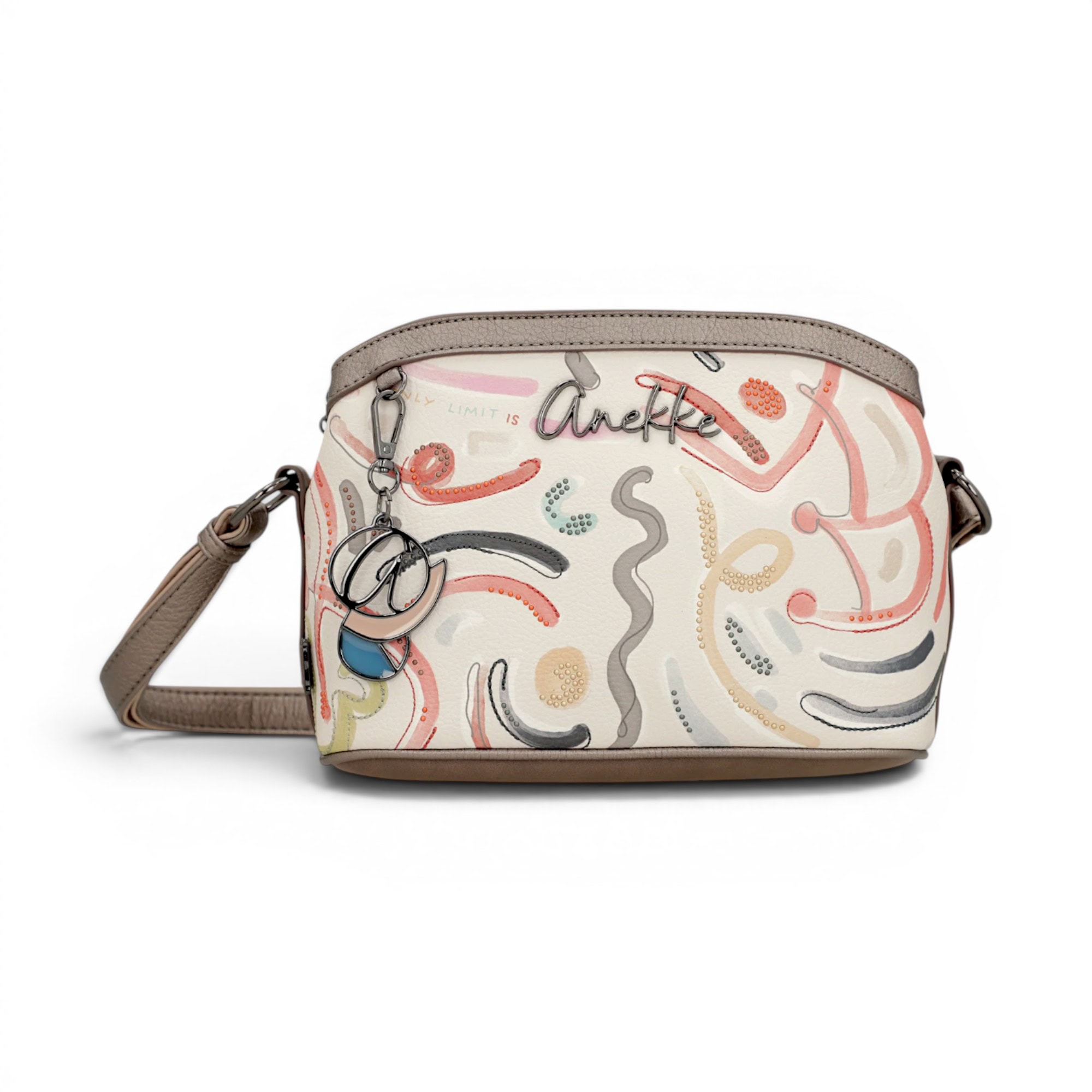 Geantă de mână artistică cu design abstract și culori pastelate, perfectă pentru accesorii elegante.