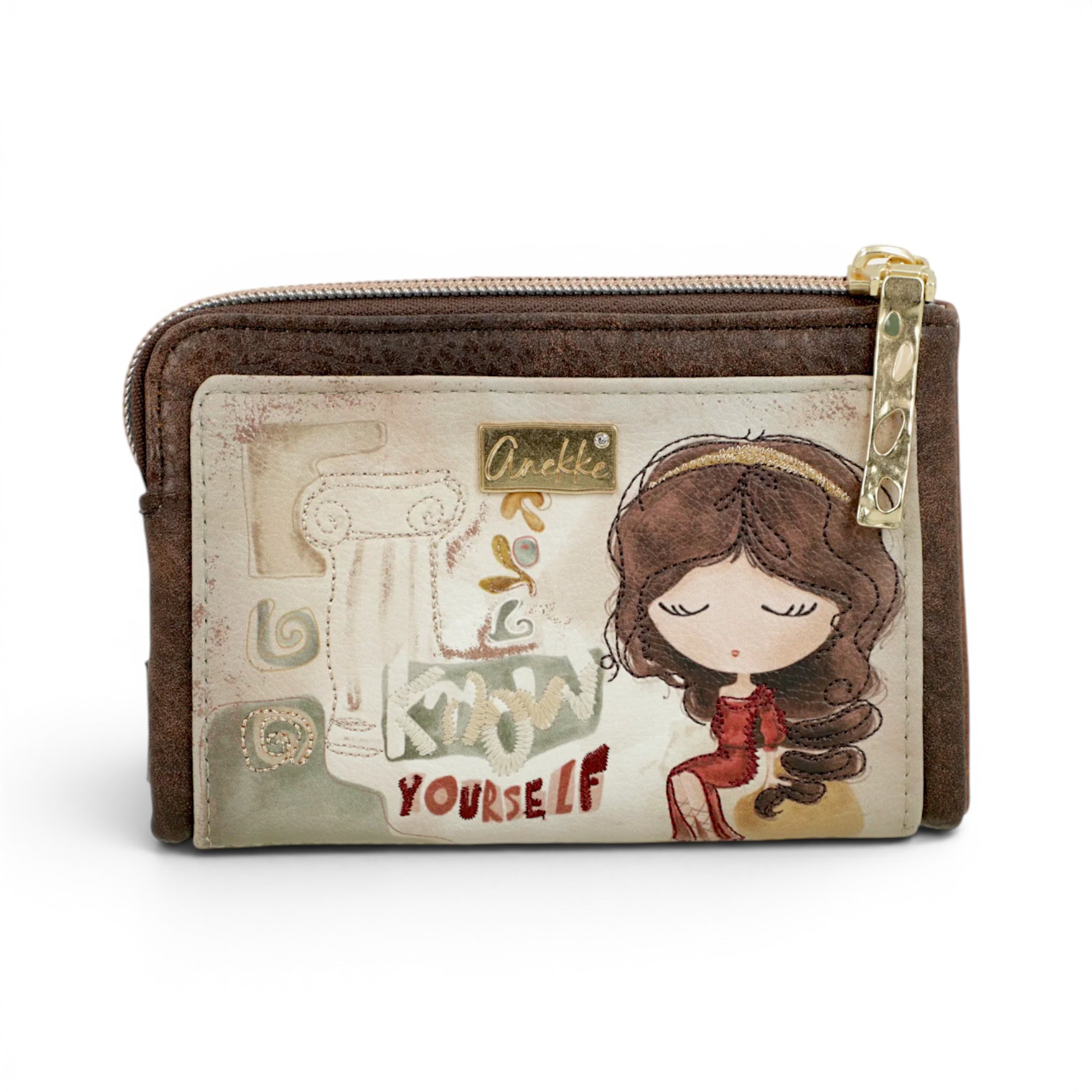 Portofel artistic și personalizat cu ilustrație de fată și elemente decorative.