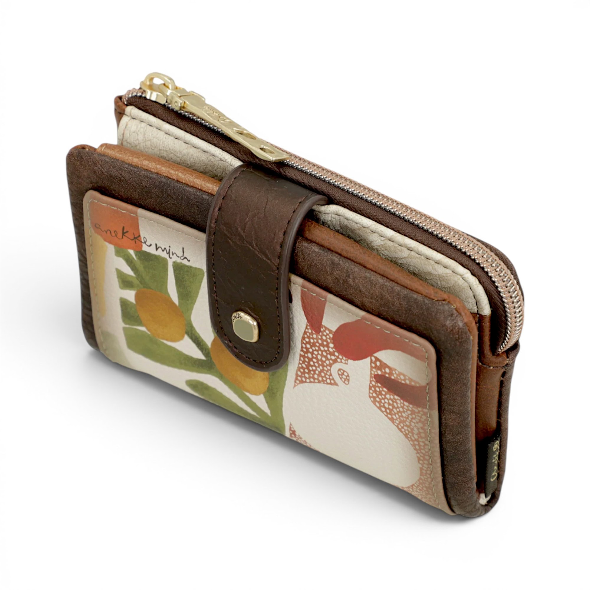 Portofel din piele și material textil cu design floral, compact și elegant, ideal pentru organizarea.