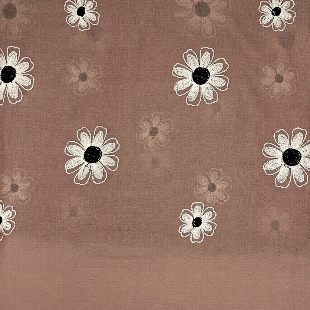 Eșarfă damă Soft Petals S161-6 – maro taupe cu flori brodate, bumbac și vâscoză, 180 × 70 cm, cutie cadou