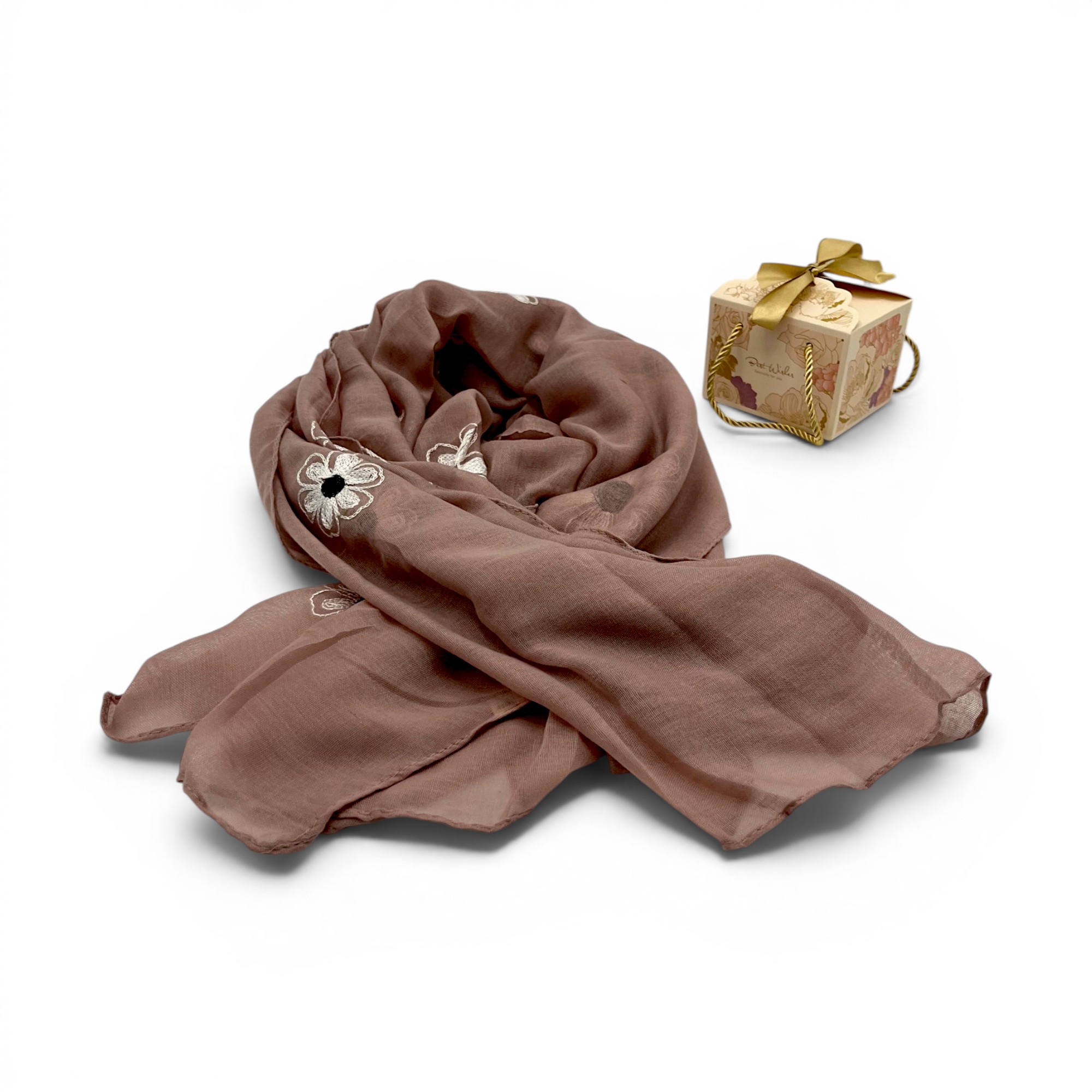 Eșarfă damă Soft Petals S161-6 – maro taupe cu flori brodate, bumbac și vâscoză, 180 × 70 cm, cutie cadou