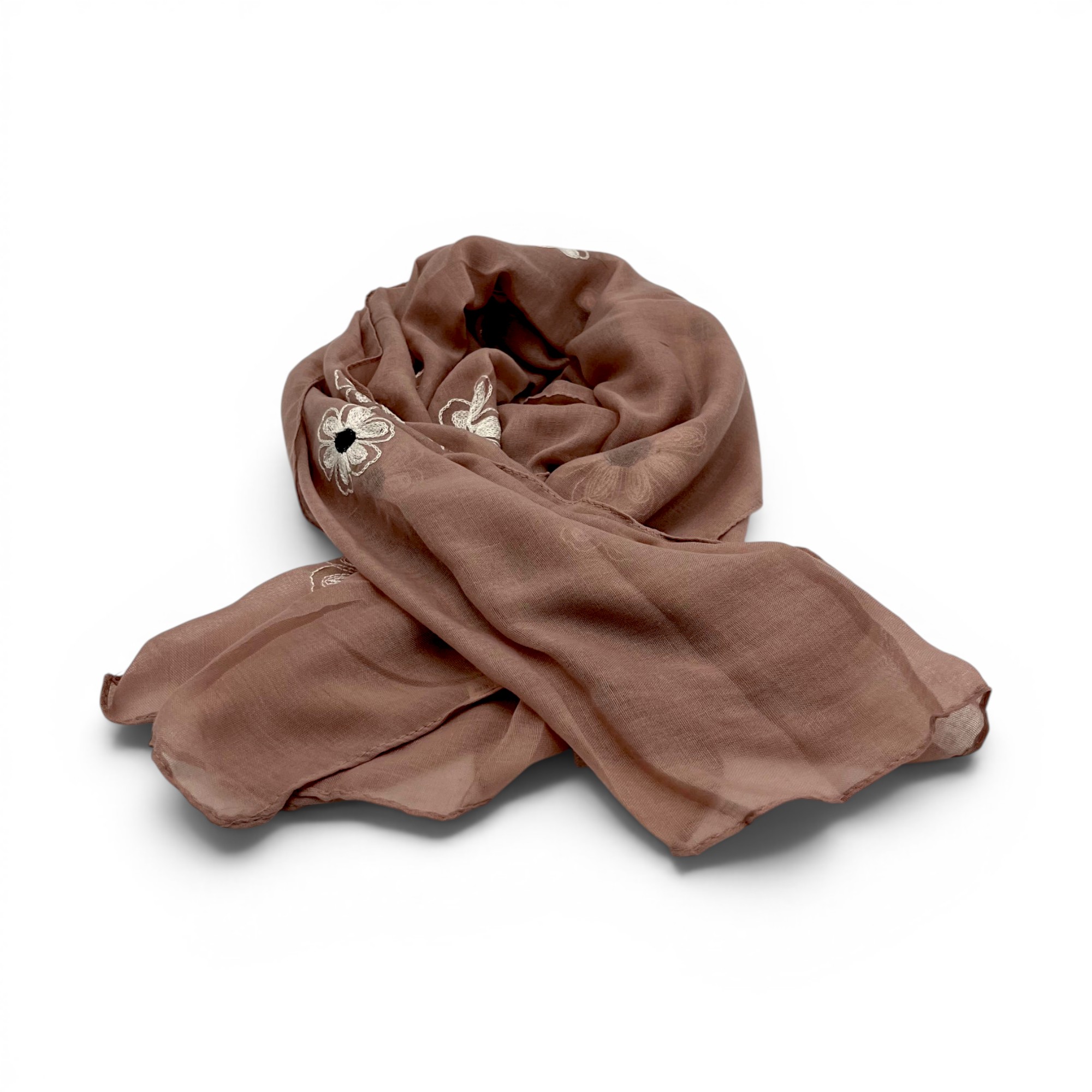 Eșarfă damă Soft Petals S161-6 – maro taupe cu flori brodate, bumbac și vâscoză, 180 × 70 cm, cutie cadou