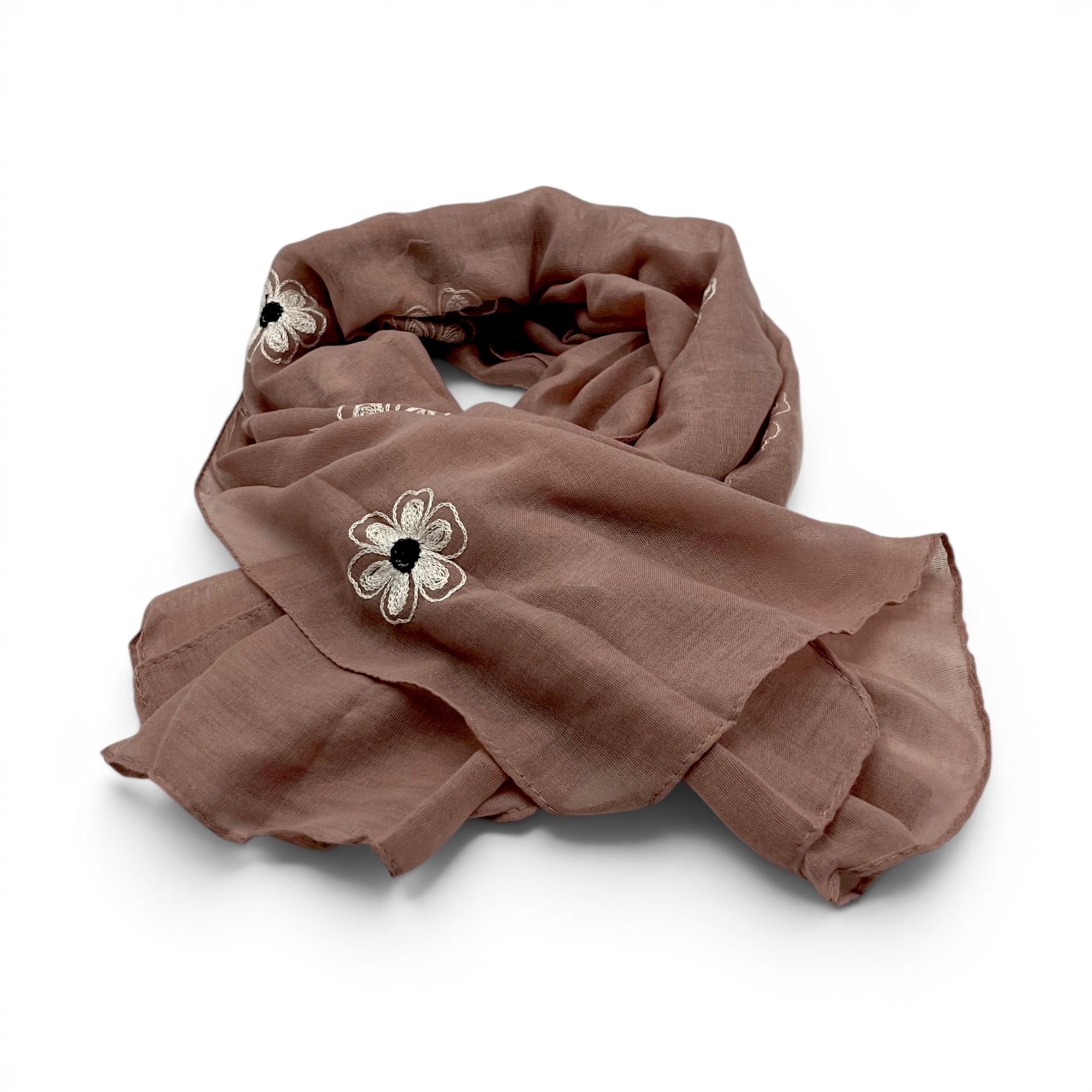 Eșarfă damă Soft Petals S161-6 – maro taupe cu flori brodate, bumbac și vâscoză, 180 × 70 cm, cutie cadou