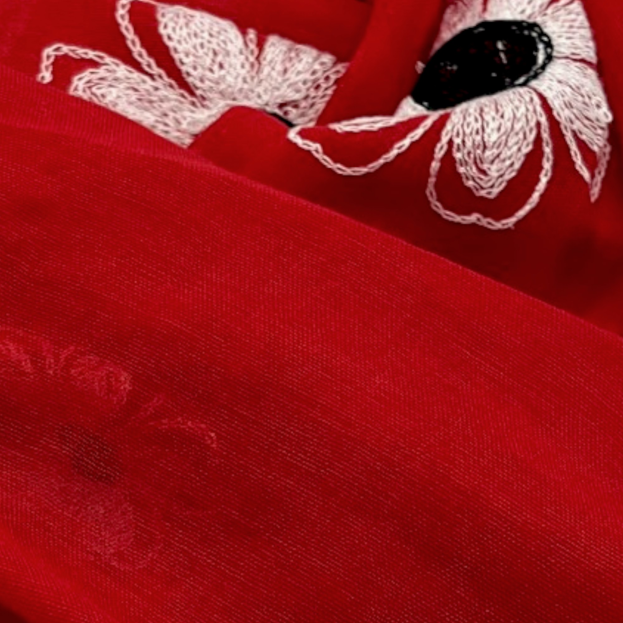Eșarfă damă Soft Petals S161-7 – roșu intens cu flori brodate, bumbac și vâscoză, 180 × 70 cm, cutie cadou