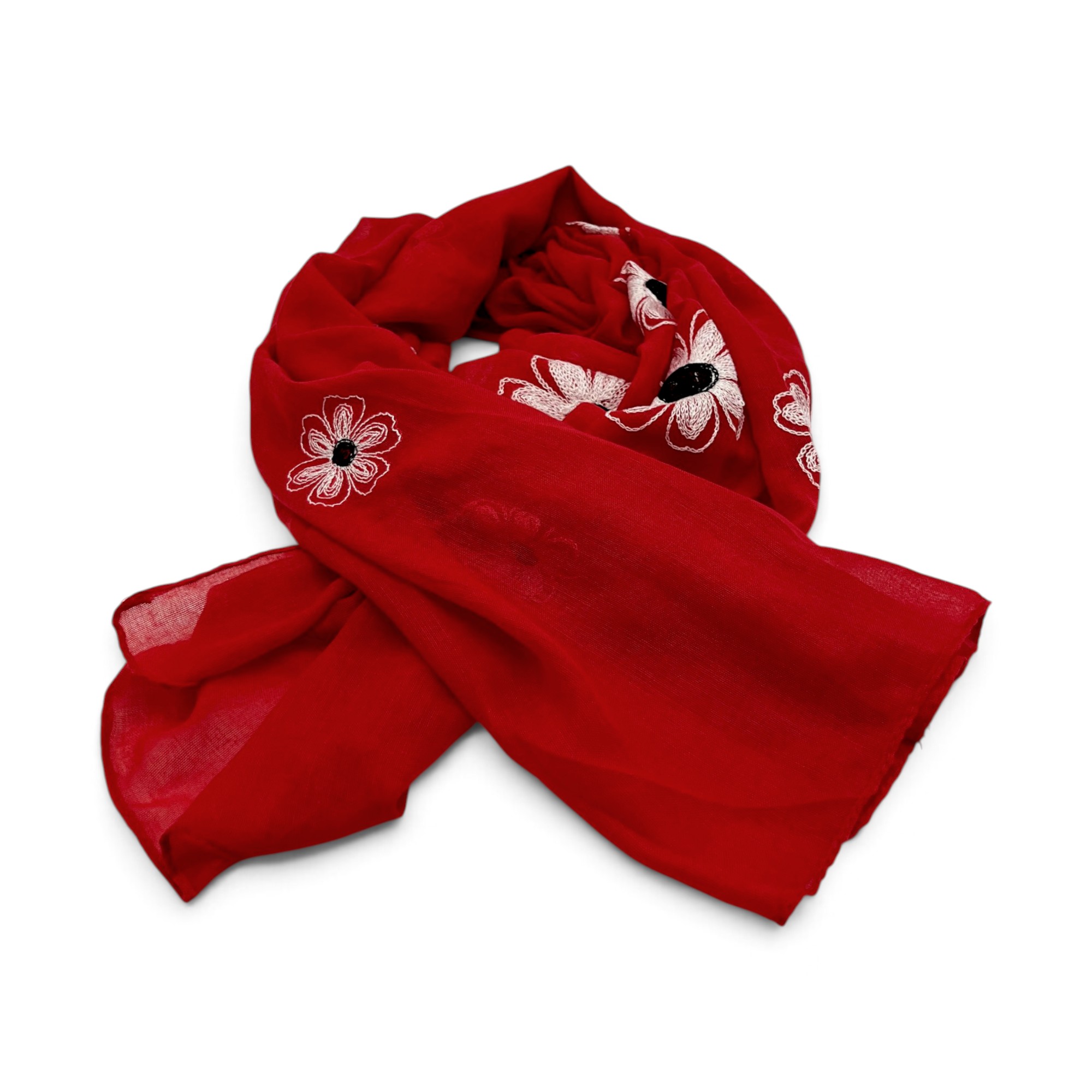 Eșarfă damă Soft Petals S161-7 – roșu intens cu flori brodate, bumbac și vâscoză, 180 × 70 cm, cutie cadou
