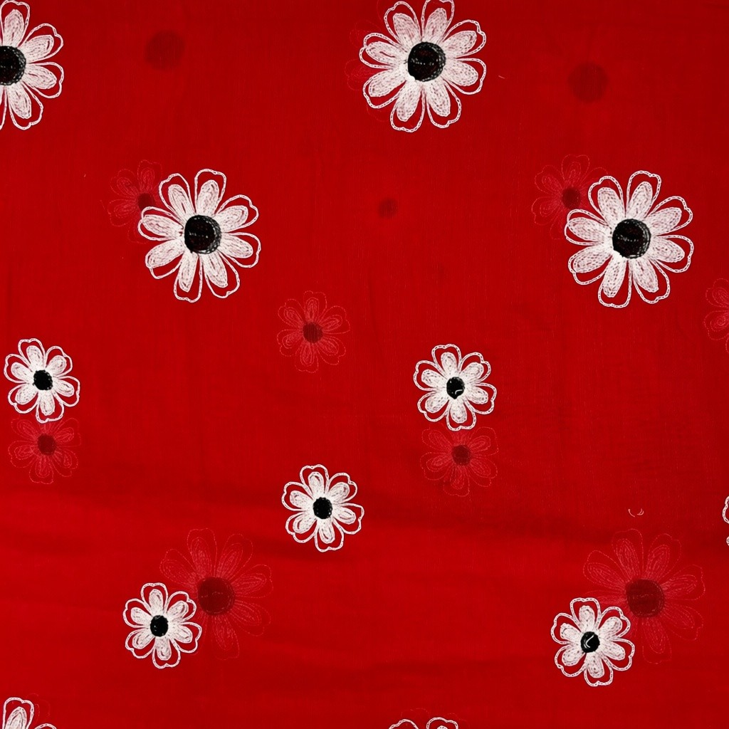 Eșarfă damă Soft Petals S161-7 – roșu intens cu flori brodate, bumbac și vâscoză, 180 × 70 cm, cutie cadou