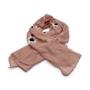 Eșarfă damă Soft Petals S161-8 – roz pudrat cu flori brodate, bumbac și vâscoză, 180 × 70 cm, cutie cadou