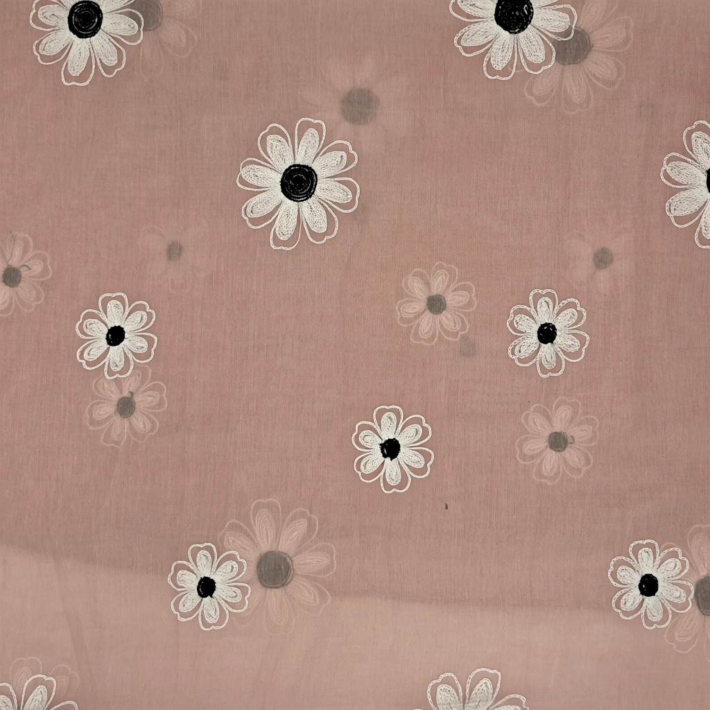 Eșarfă damă Soft Petals S161-8 – roz pudrat cu flori brodate, bumbac și vâscoză, 180 × 70 cm, cutie cadou