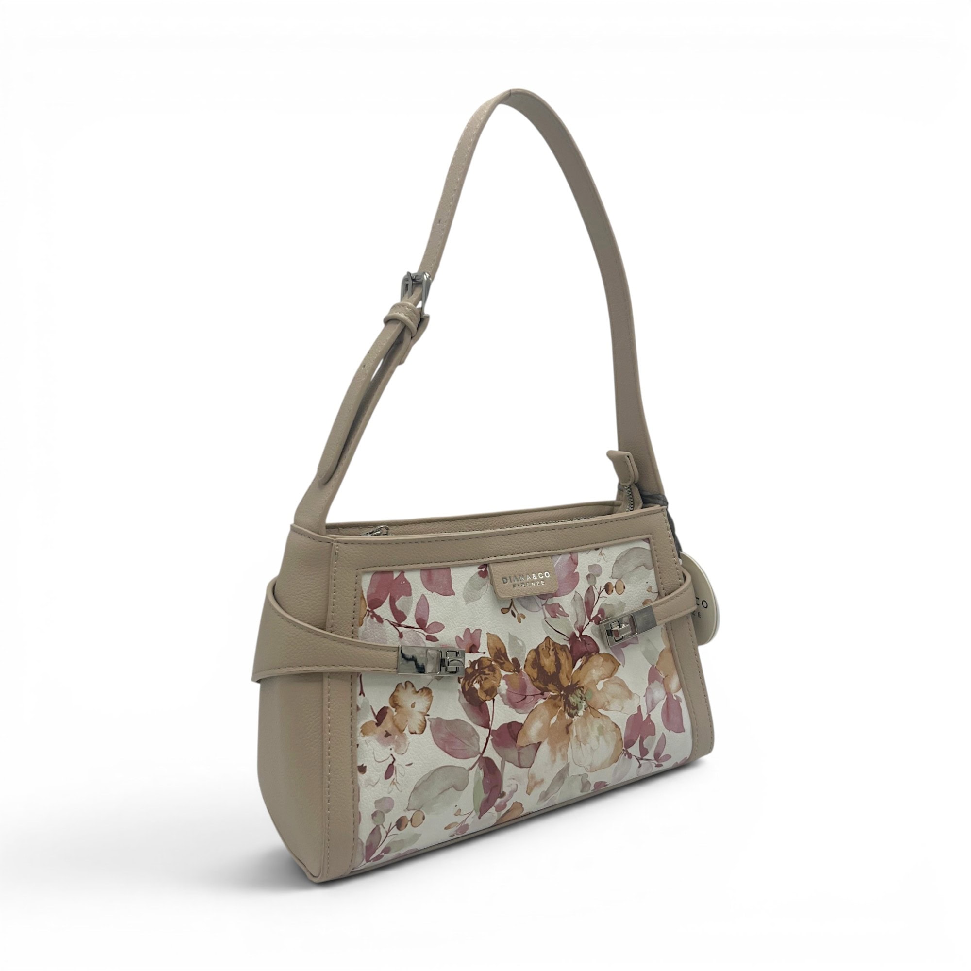 Geantă damă Diana&Co DHJ731-1 bej perlat cu imprimeu floral - geantă de umăr și crossbody din piele ecologică, 25 × 18 × 10 cm