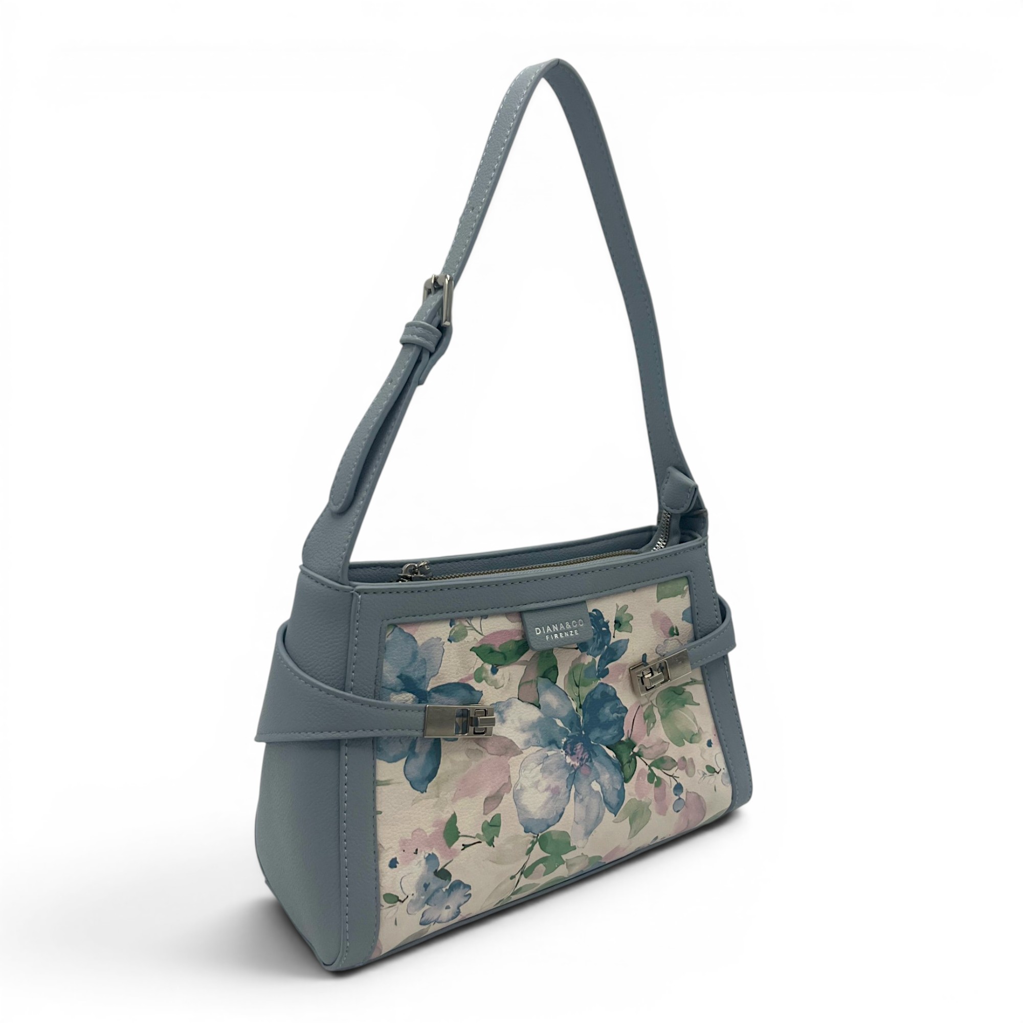 Geantă damă Diana&Co DHJ731-1 light bleu cu imprimeu floral – geantă de umăr și crossbody din piele ecologică, 25 × 18 × 10 cm