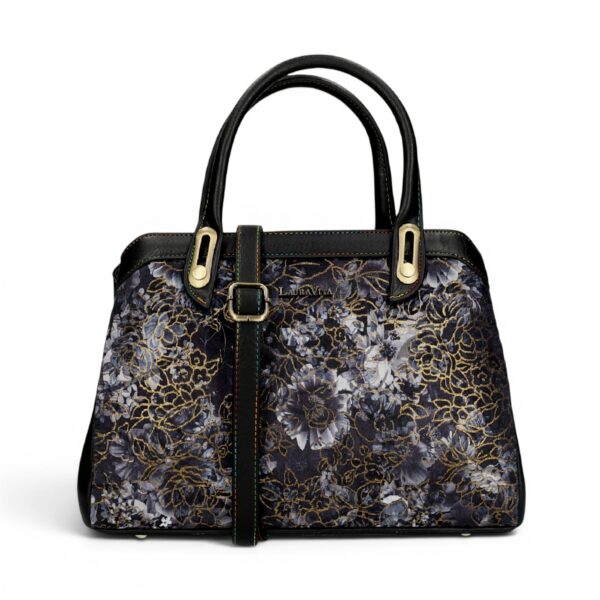 Geantă de mână și crossbody Laura Vita cu motive florale aurii.