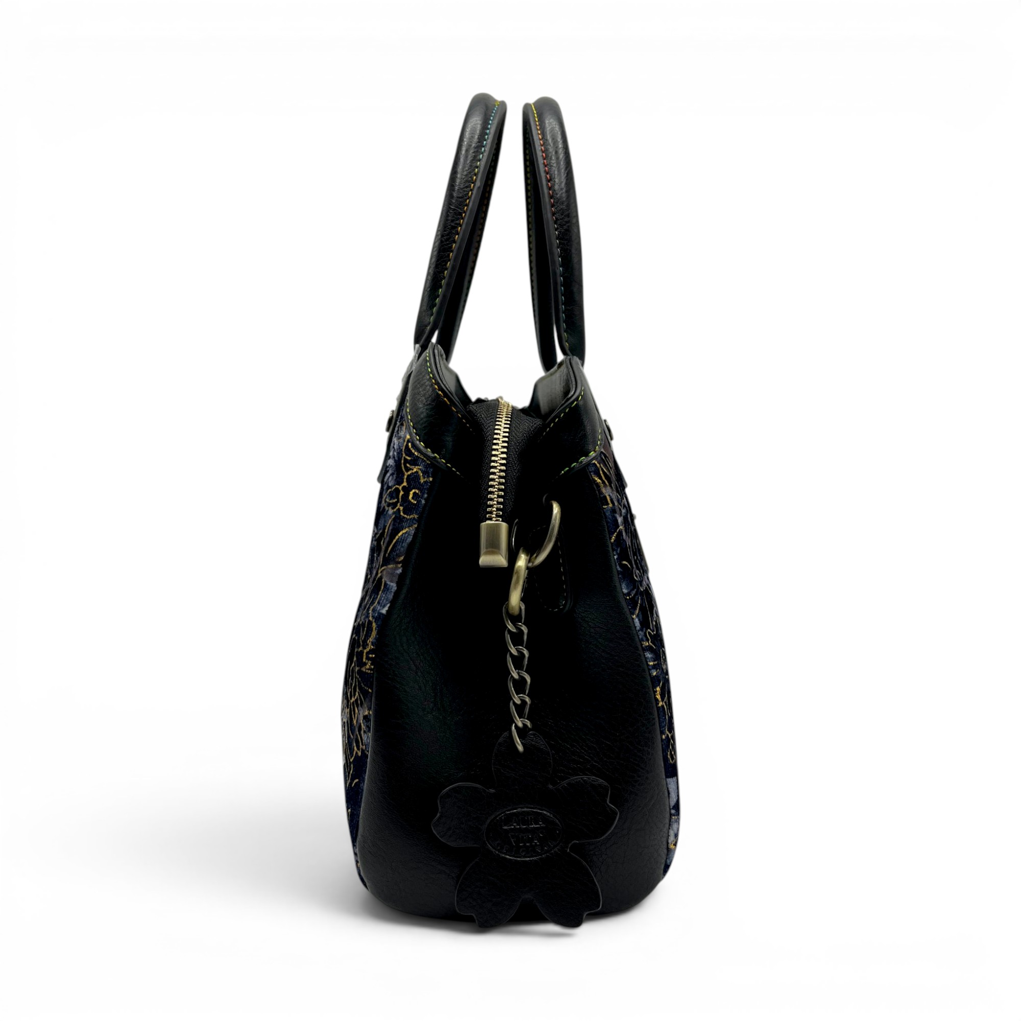Geantă damă Laura Vita ARAMIS 11 Noir – motive florale aurii, geantă de mână și crossbody, 30 × 25 × 10 cm