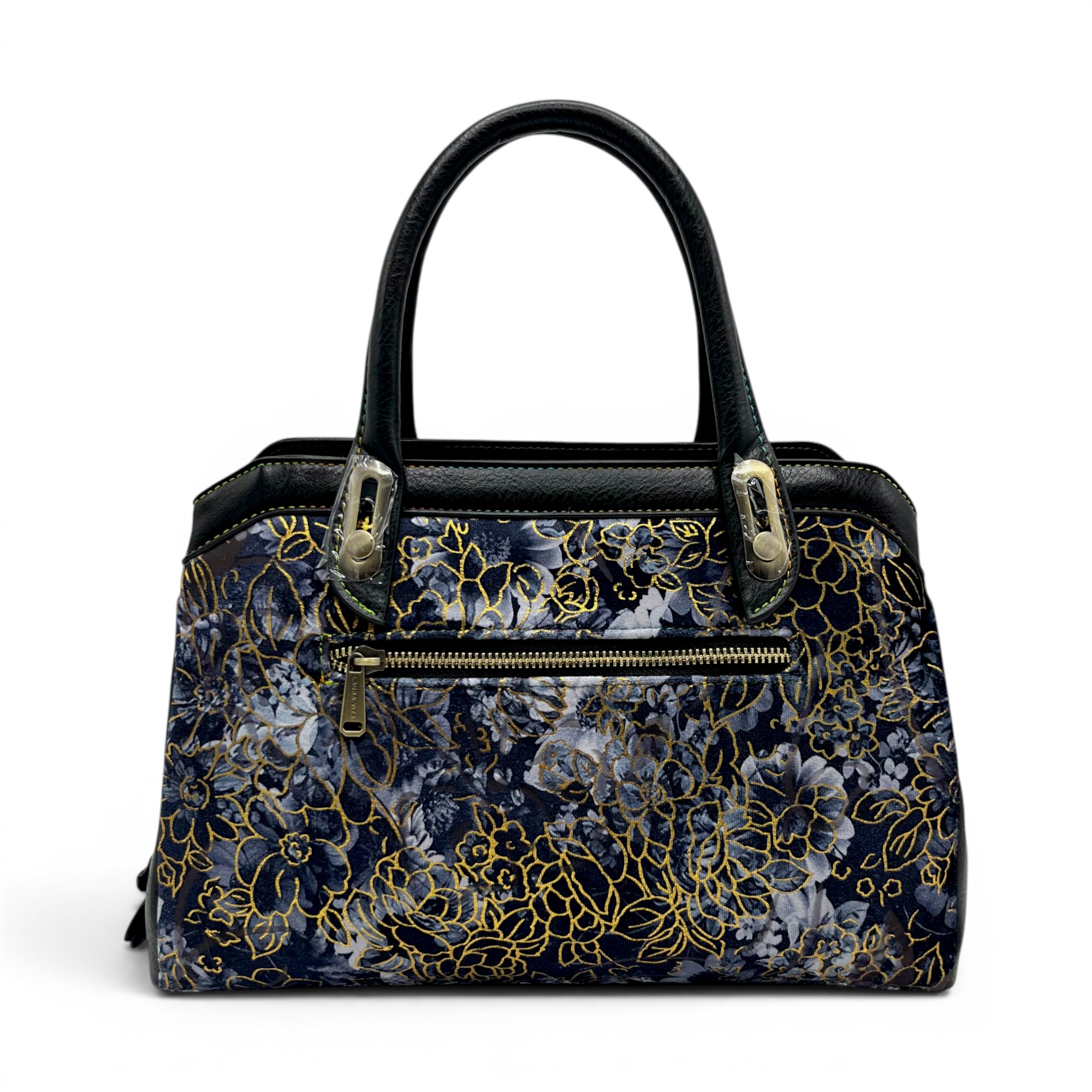 Geantă damă Laura Vita ARAMIS 11 Noir – motive florale aurii, geantă de mână și crossbody, 30 × 25 × 10 cm