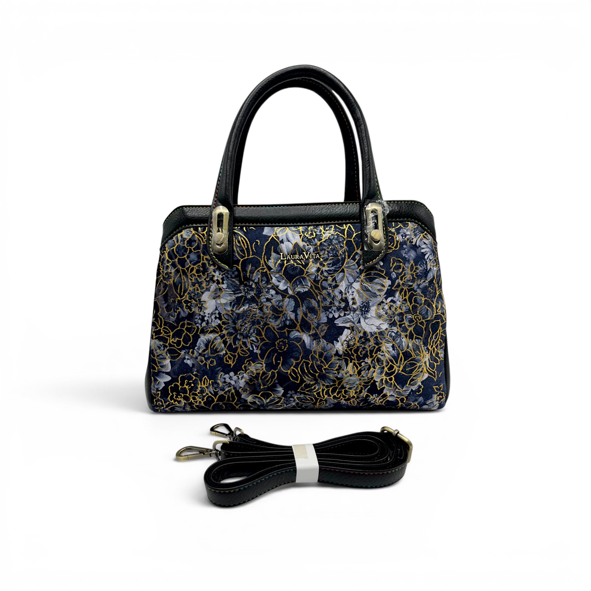 Geantă damă Laura Vita ARAMIS 11 Noir – motive florale aurii, geantă de mână și crossbody, 30 × 25 × 10 cm