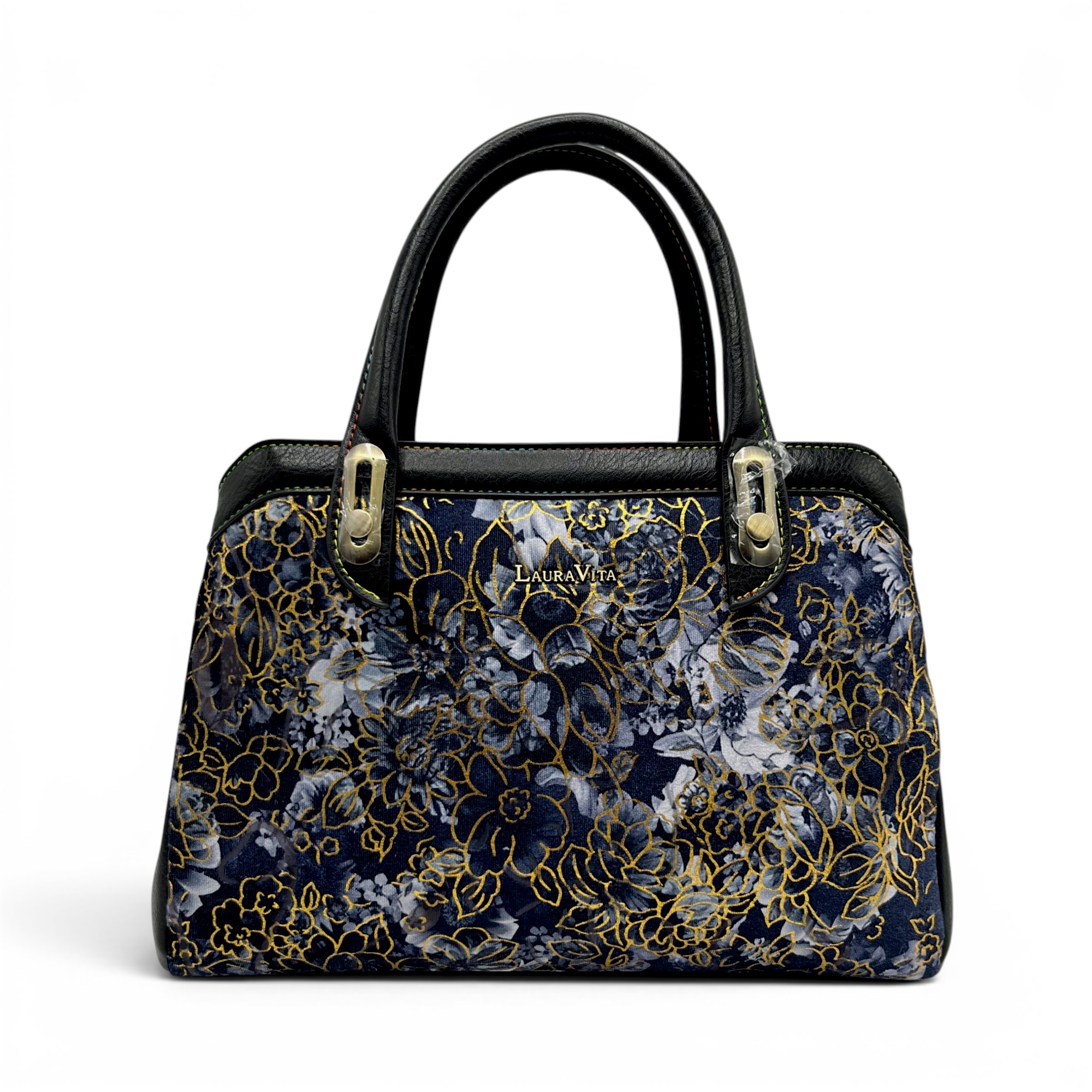 Geantă de mână și crossbody cu motive florale aurii, Laura Vita ARAMIS 11.